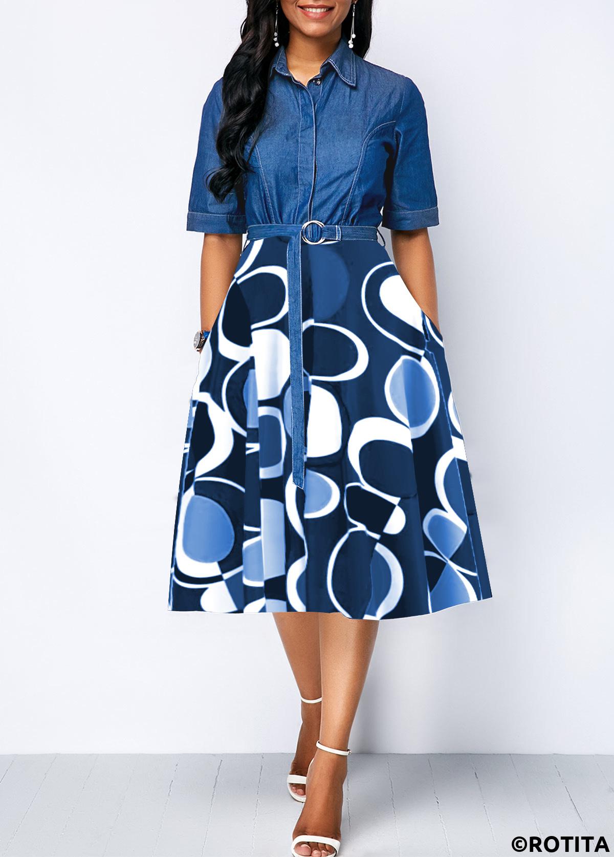 Denim Blue dresses,Geometric dresses,Striped dresses,Party dresses,Elegant dresses,ROTITA Circular Ring Geometric Print Denim Blue Belted Dress