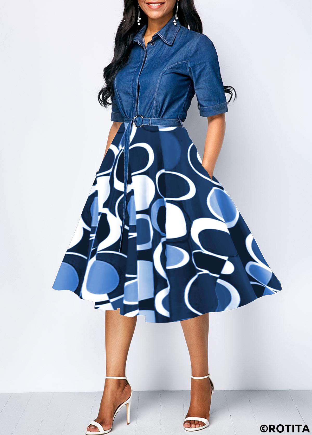 Denim Blue dresses,Geometric dresses,Striped dresses,Party dresses,Elegant dresses,ROTITA Circular Ring Geometric Print Denim Blue Belted Dress