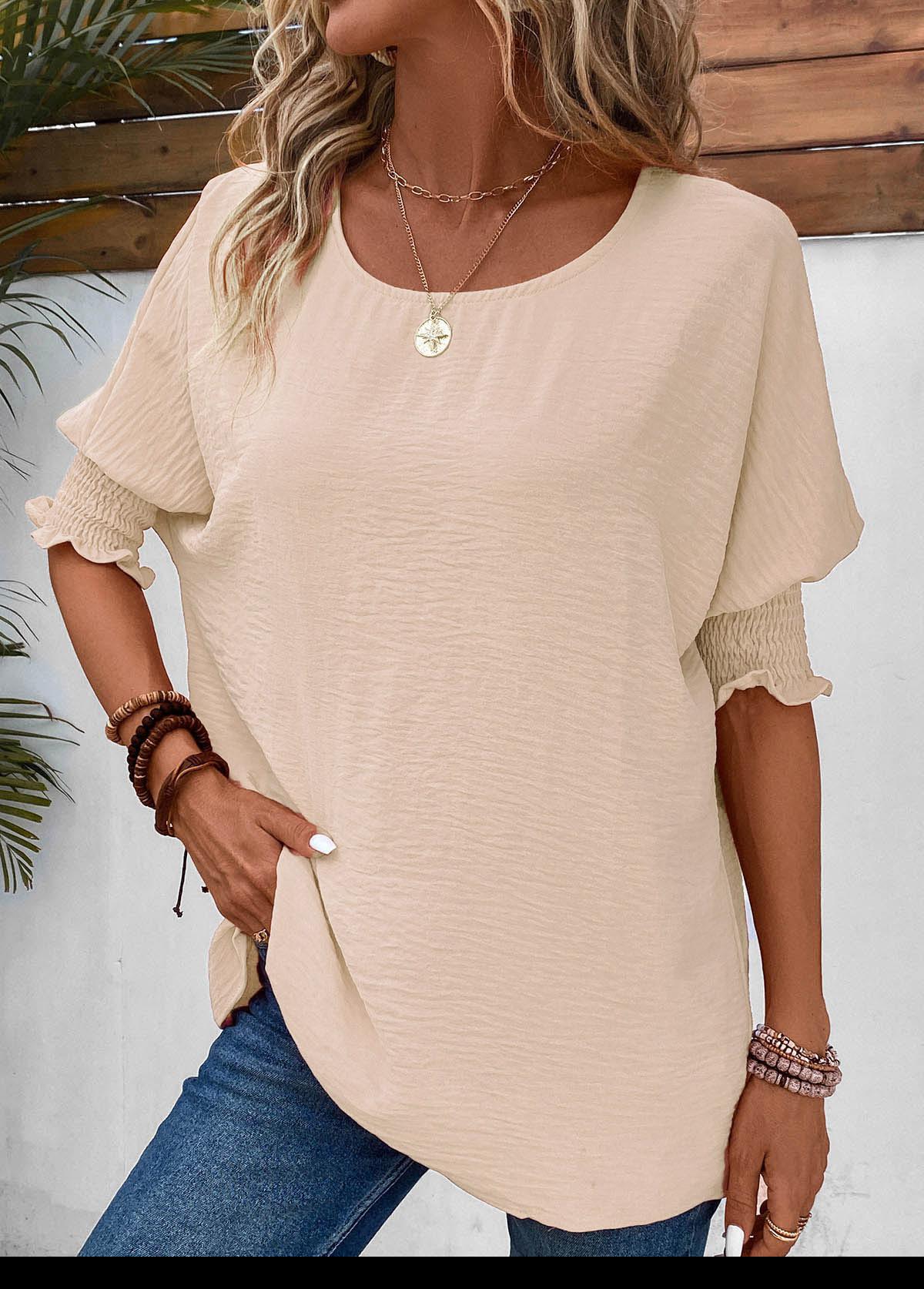 Raw white tops,Plain Color tops,Smocked Raw White Round Neck T Shirt