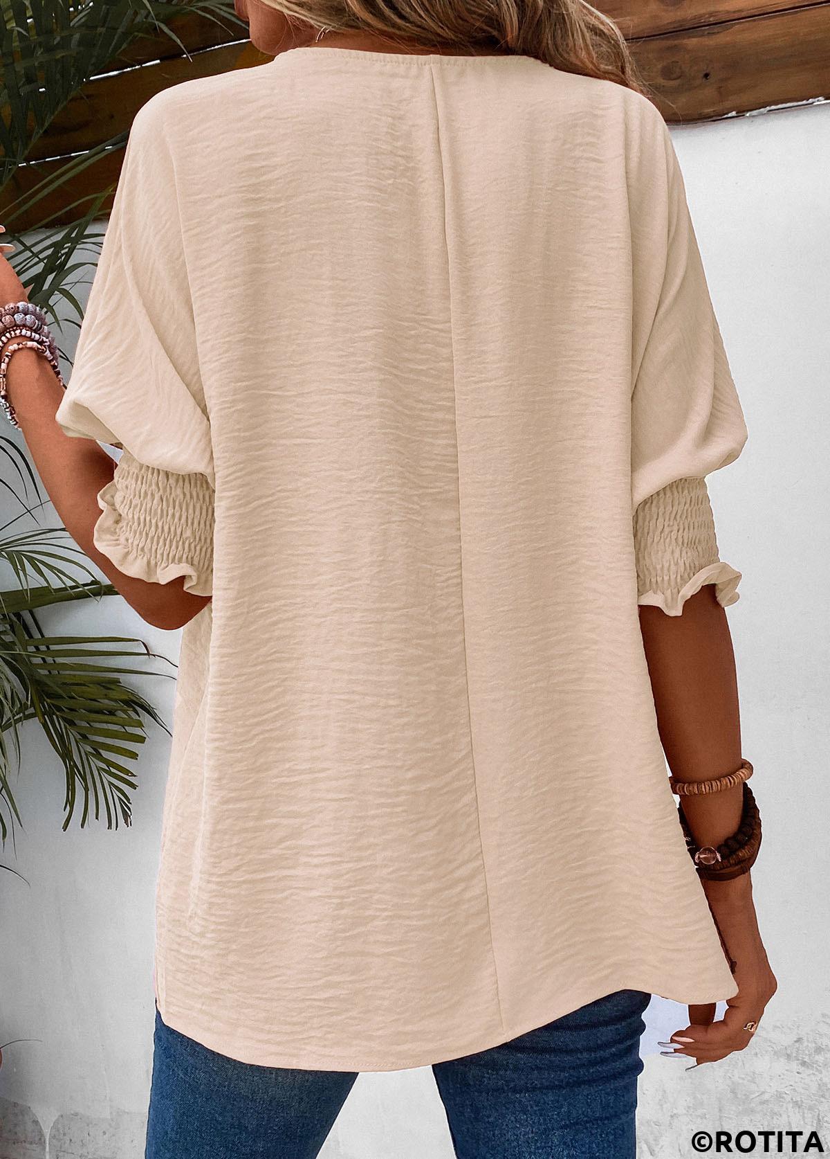 Raw white tops,Plain Color tops,Smocked Raw White Round Neck T Shirt