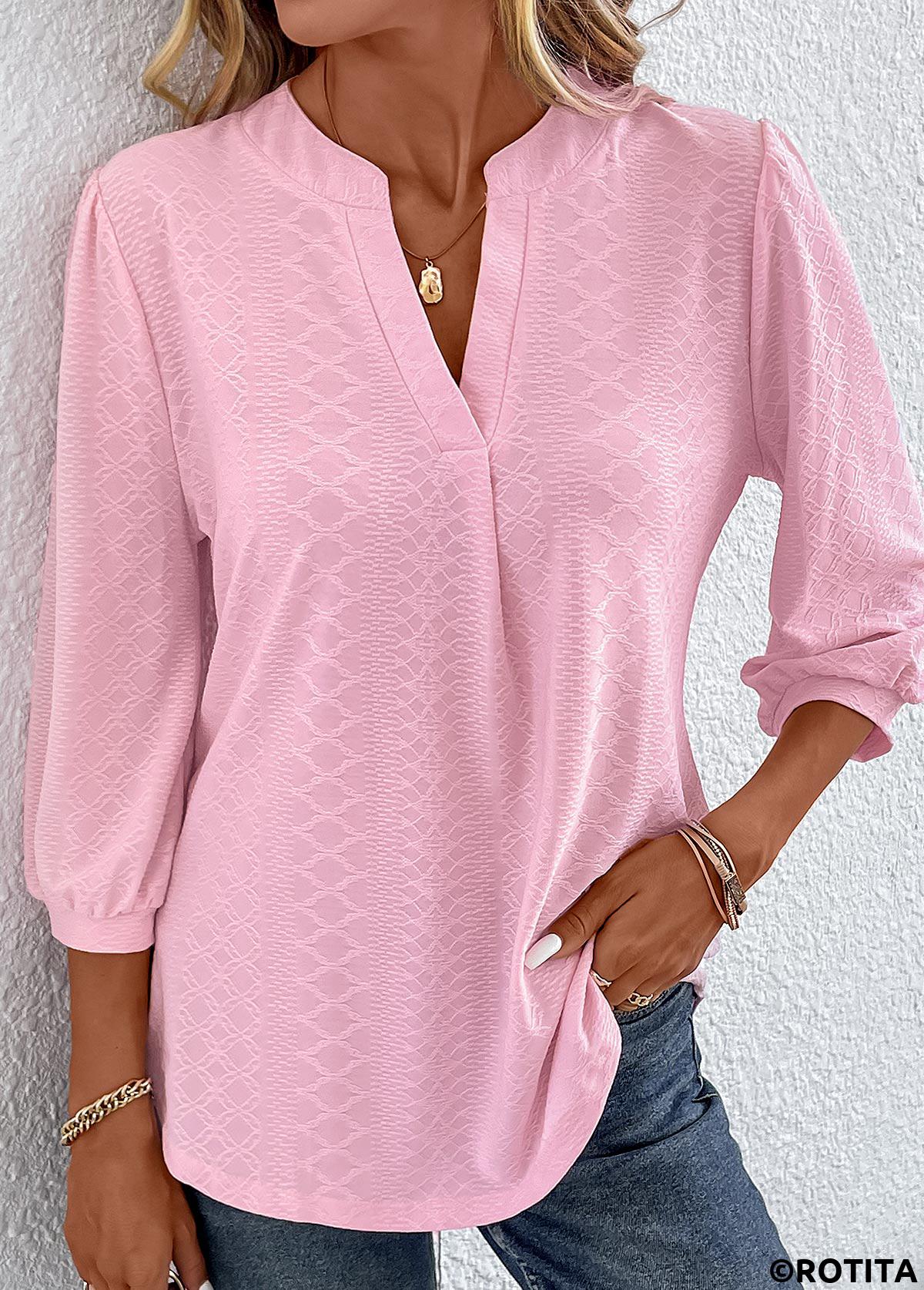 ROTITA Ruched Pink Split Neck T Shirt