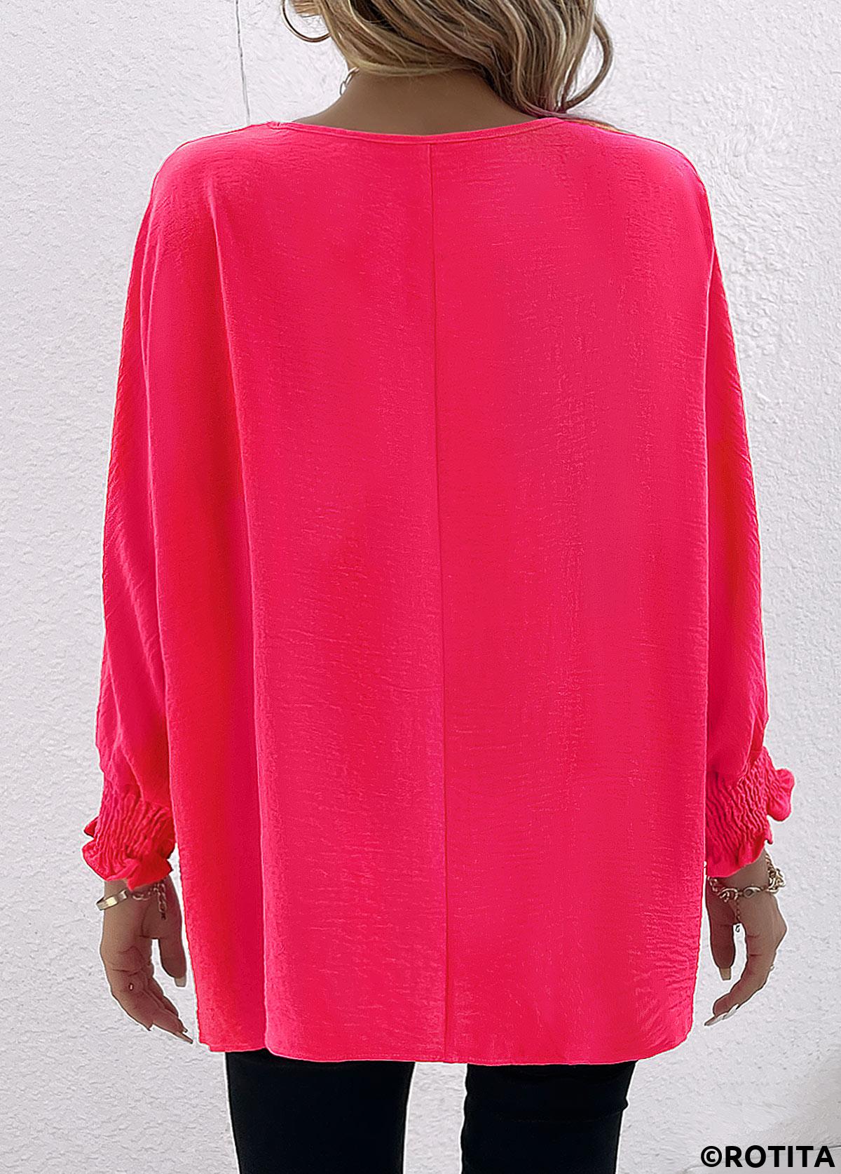 Hot Pink tops,Plain Color tops,Smocked Hot Pink Round Neck Long Sleeve Blouse