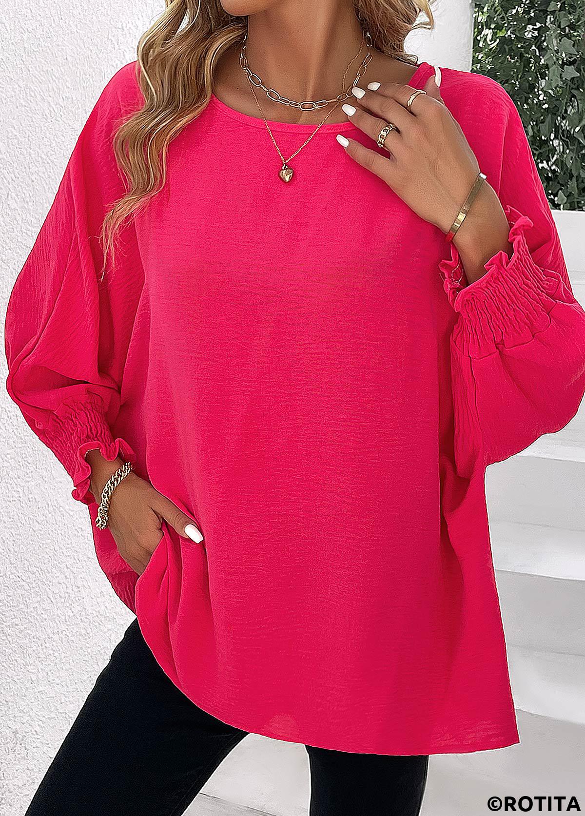Hot Pink tops,Plain Color tops,Smocked Hot Pink Round Neck Long Sleeve Blouse