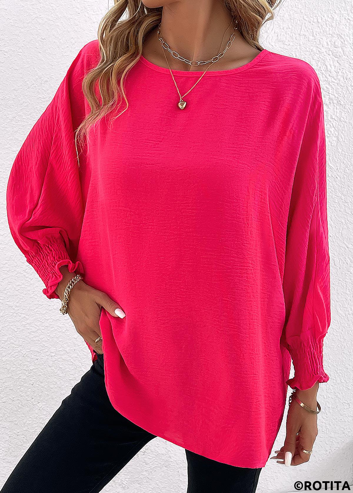 Hot Pink tops,Plain Color tops,Smocked Hot Pink Round Neck Long Sleeve Blouse