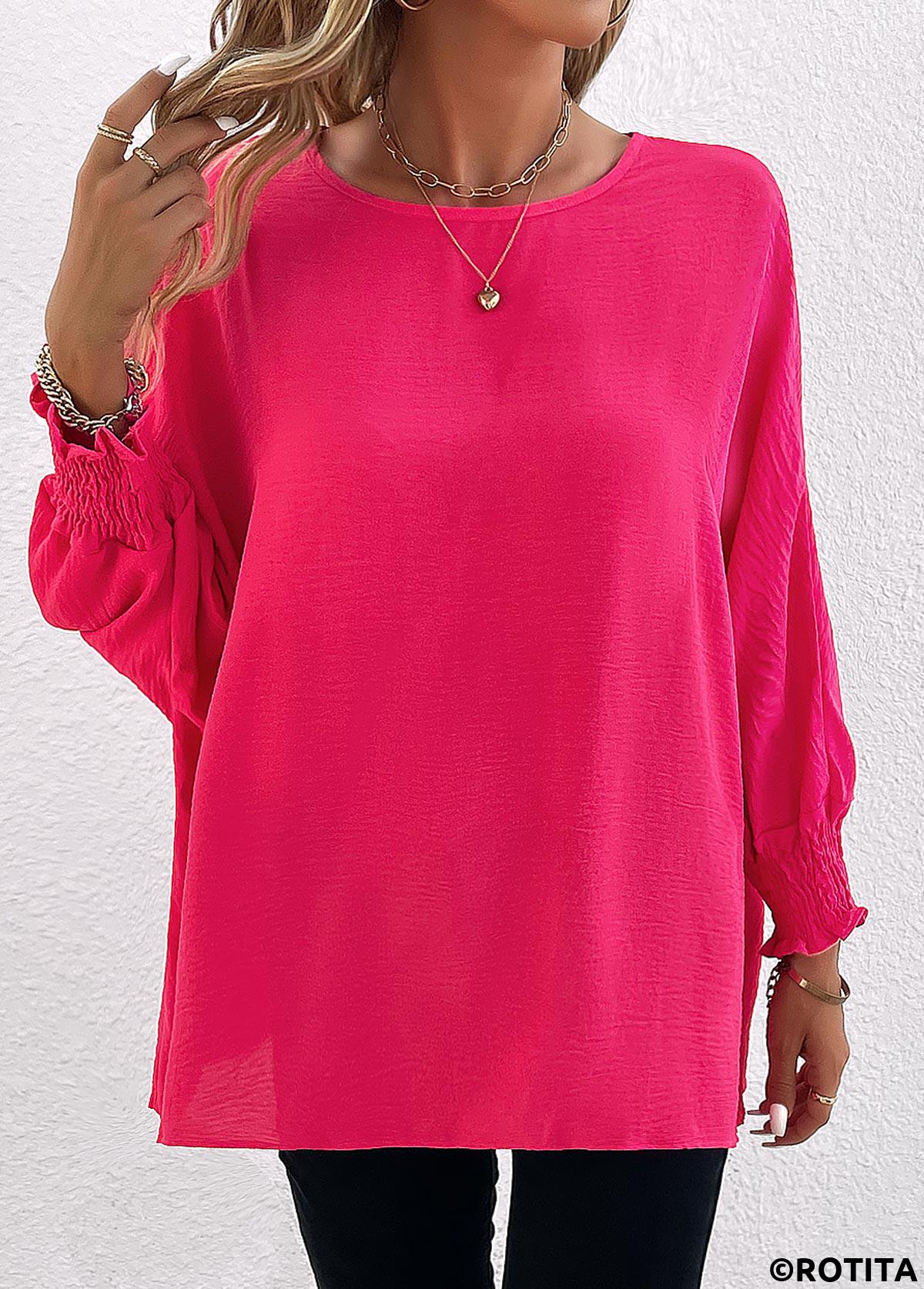 Hot Pink tops,Plain Color tops,Smocked Hot Pink Round Neck Long Sleeve Blouse