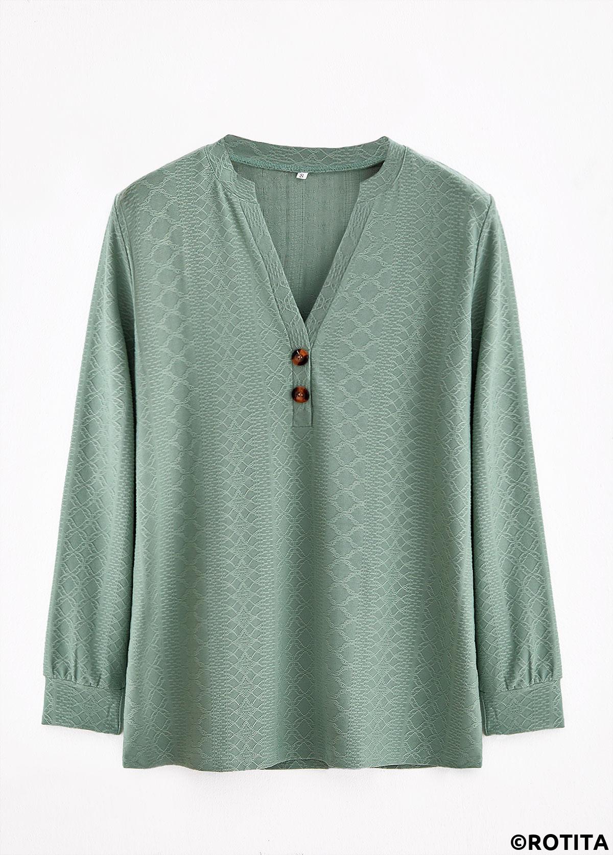 Green tops,Plain Color tops,ROTITA Button Green Split Neck Long Sleeve T Shirt