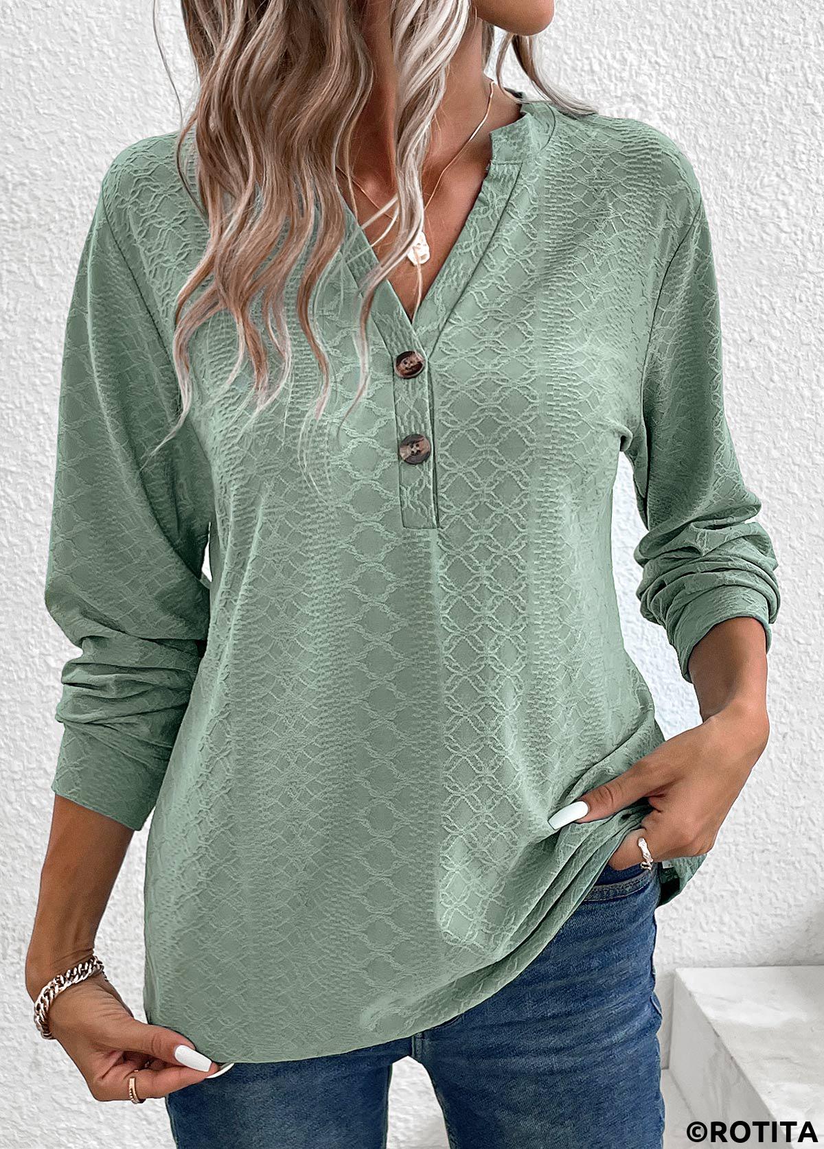 Green tops,Plain Color tops,ROTITA Button Green Split Neck Long Sleeve T Shirt