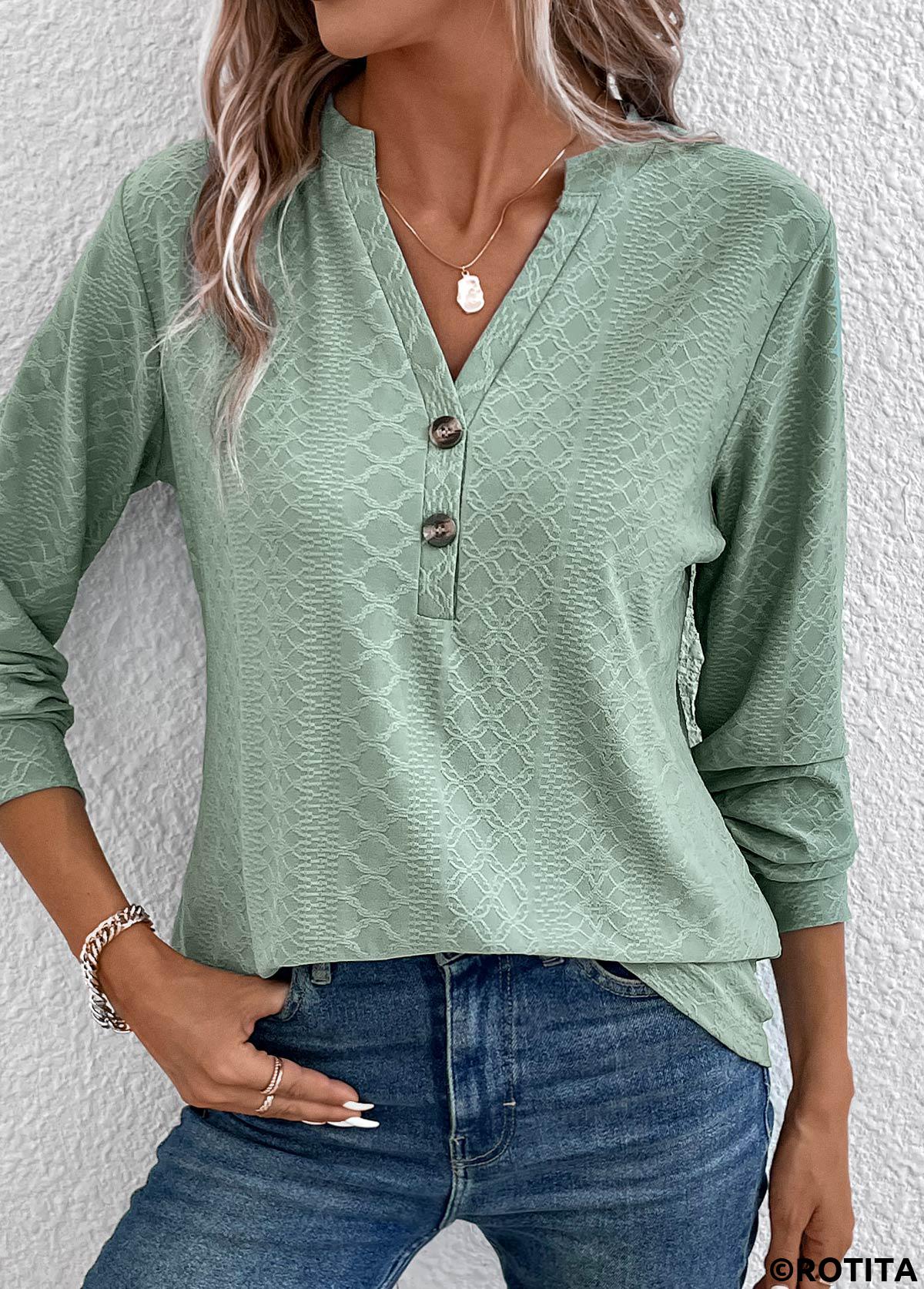 Green tops,Plain Color tops,ROTITA Button Green Split Neck Long Sleeve T Shirt