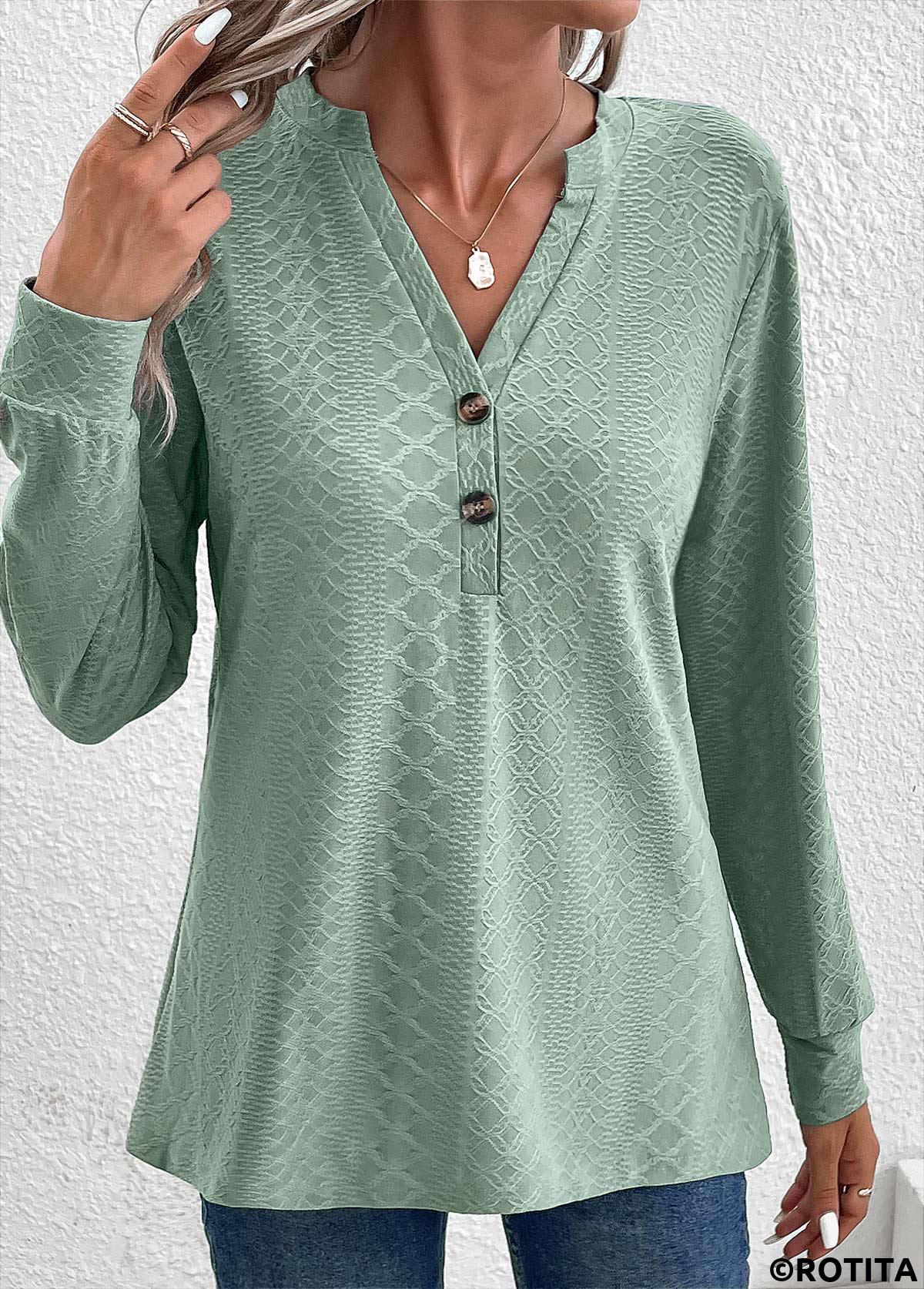Green tops,Plain Color tops,ROTITA Button Green Split Neck Long Sleeve T Shirt