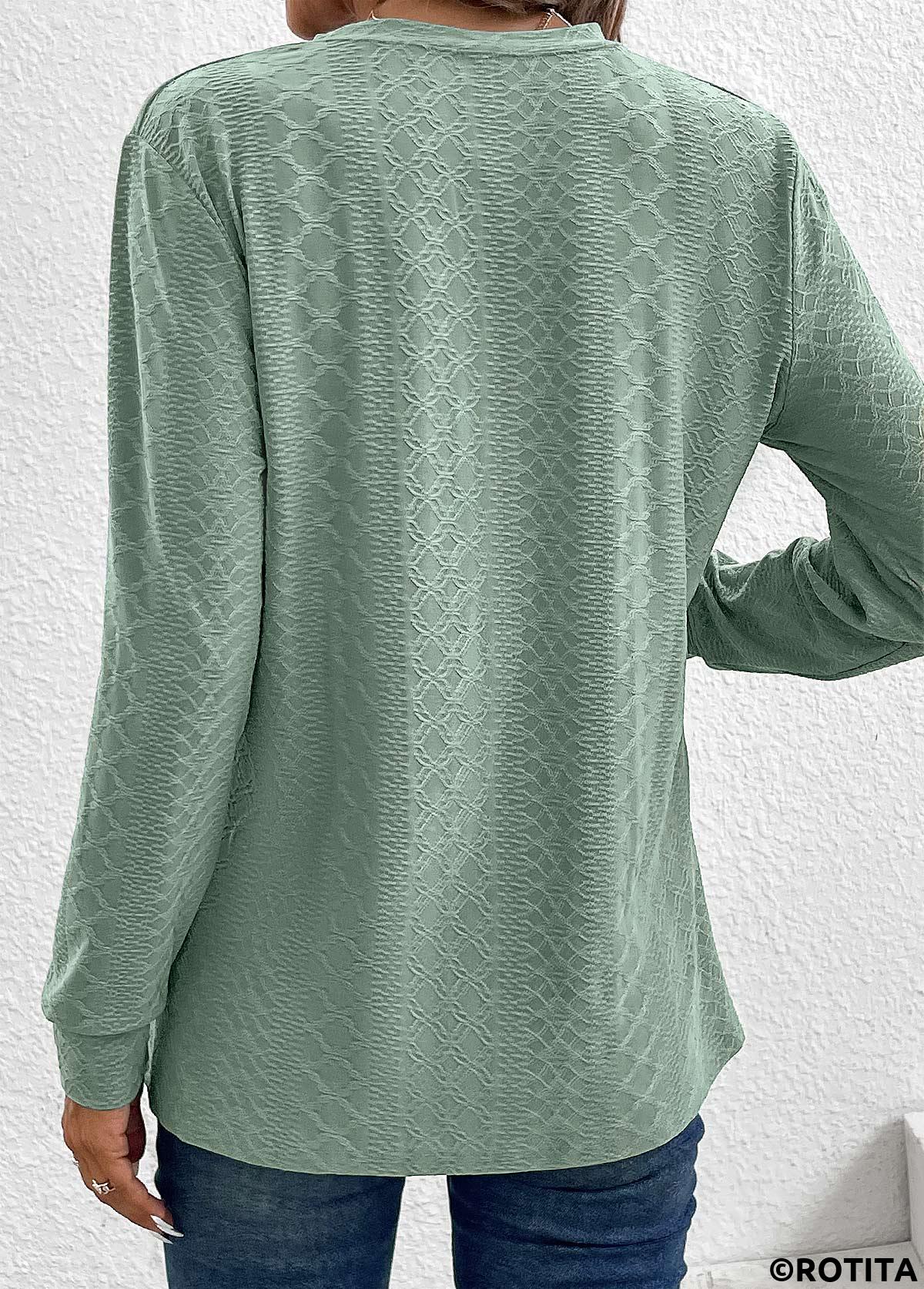 Green tops,Plain Color tops,ROTITA Button Green Split Neck Long Sleeve T Shirt