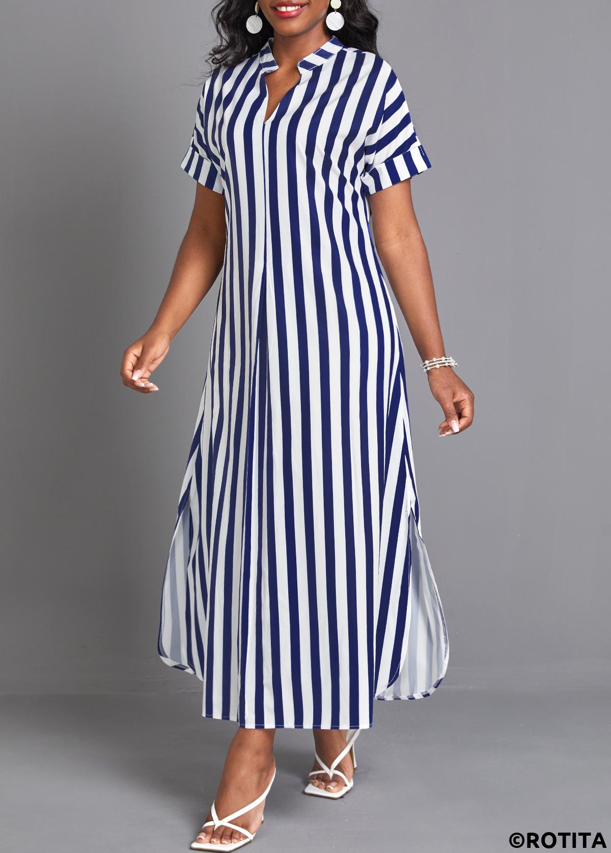 Navy dresses,White dresses,Striped dresses,Everyday dresses,Casual dresses,Split Striped Navy Maxi Shift Dress