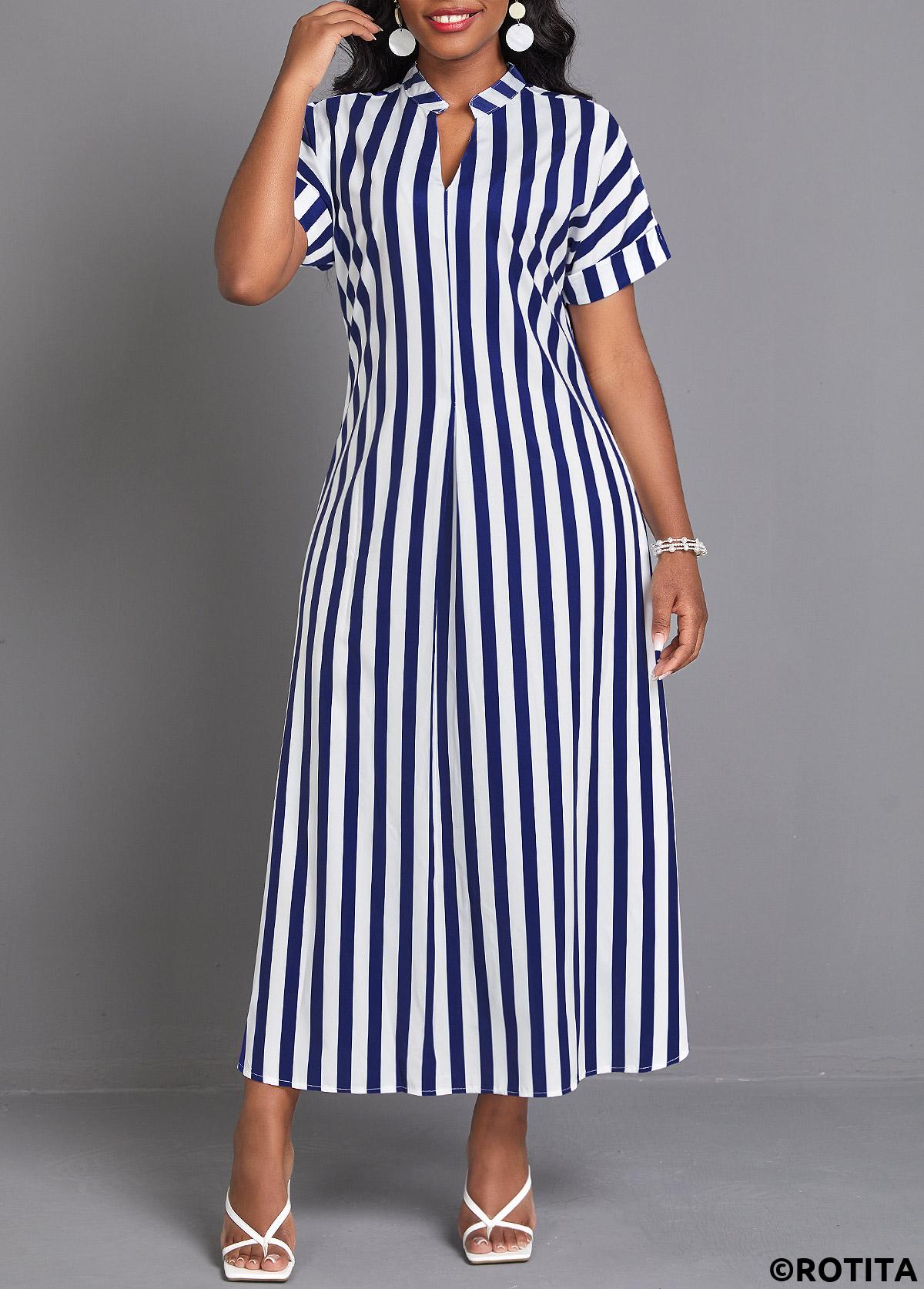 Navy dresses,White dresses,Striped dresses,Everyday dresses,Casual dresses,Split Striped Navy Maxi Shift Dress