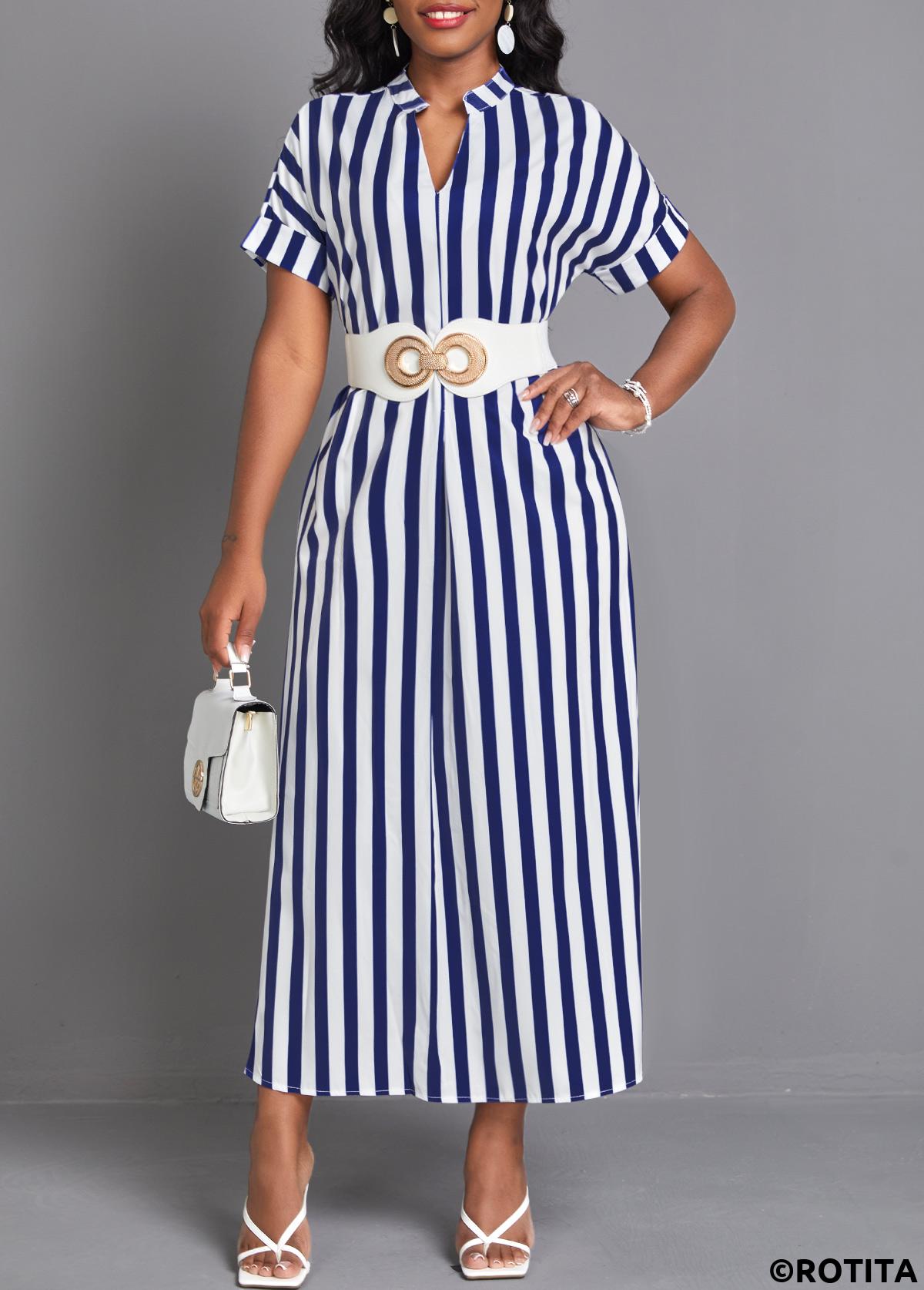 Navy dresses,White dresses,Striped dresses,Everyday dresses,Casual dresses,Split Striped Navy Maxi Shift Dress