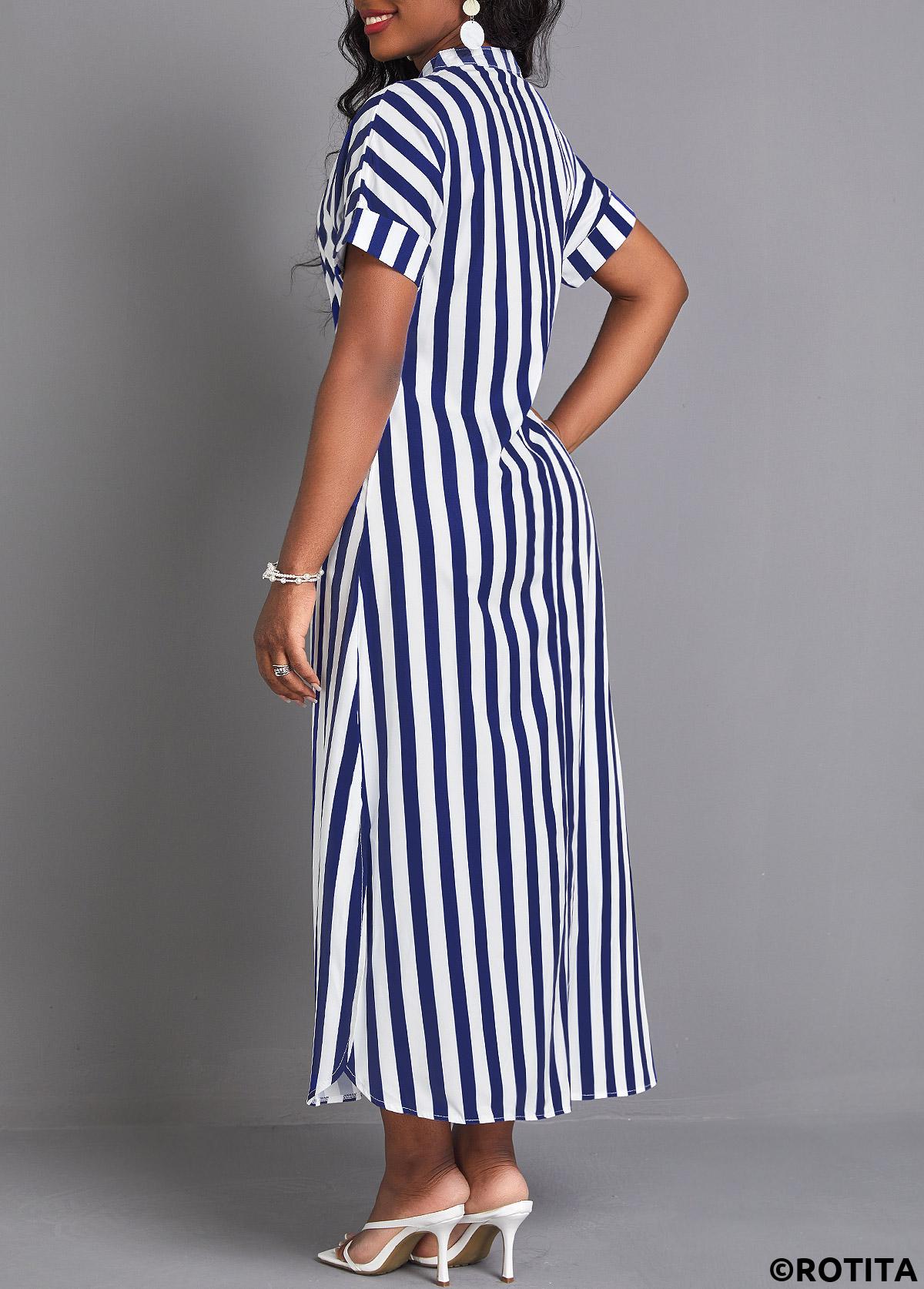 Navy dresses,White dresses,Striped dresses,Everyday dresses,Casual dresses,Split Striped Navy Maxi Shift Dress