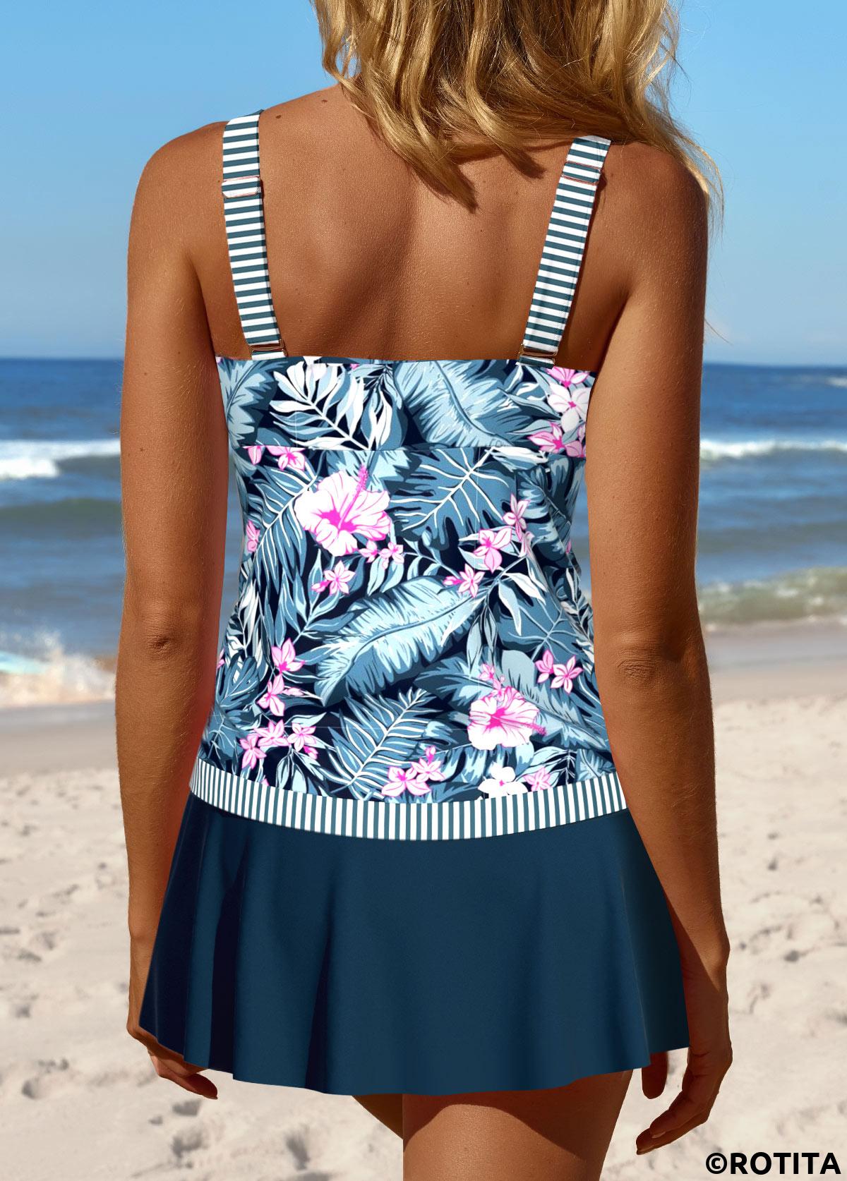 Peacock Blue swimwear,Plants swimwear,Striped swimwear,Geometric swimwear,Floral swimwear,ROTITA Patchwork Peacock Blue Tropical Plants Print Tankini Set