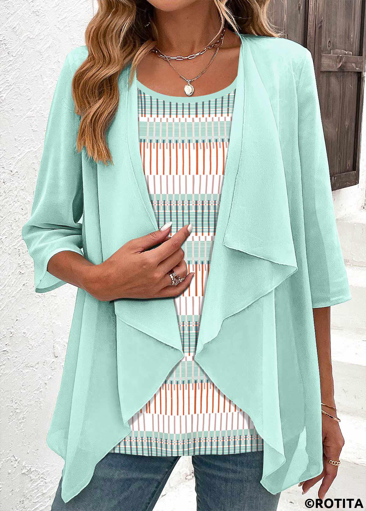 Mint Green tops,Geometric tops,Striped tops,ROTITA Fake 2in1 Geometric Print Mint Green Blouse