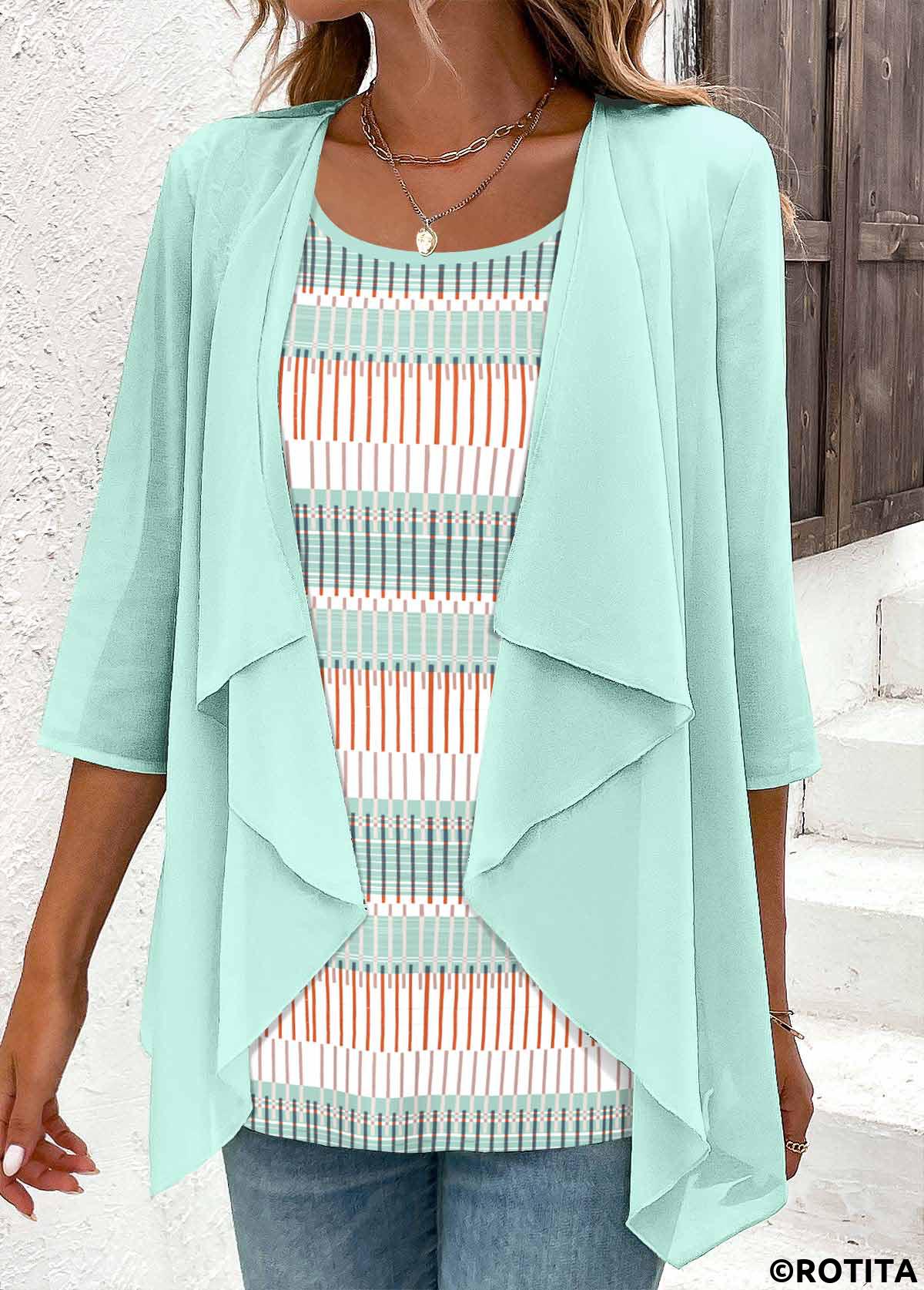 Mint Green tops,Geometric tops,Striped tops,ROTITA Fake 2in1 Geometric Print Mint Green Blouse