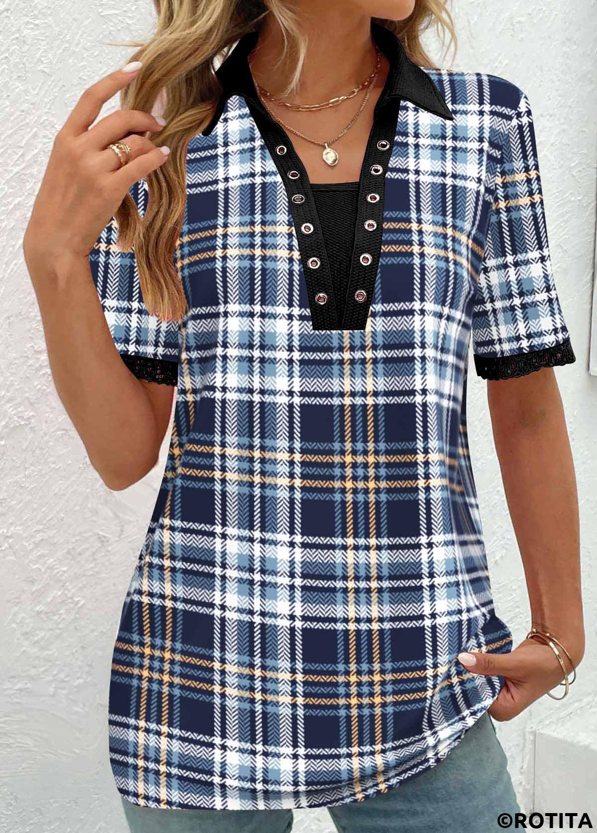 Blue tops,Plaid tops,Striped tops,Geometric tops,Ombre tops,ROTITA Eyelet Plaid Blue V Neck T Shirt