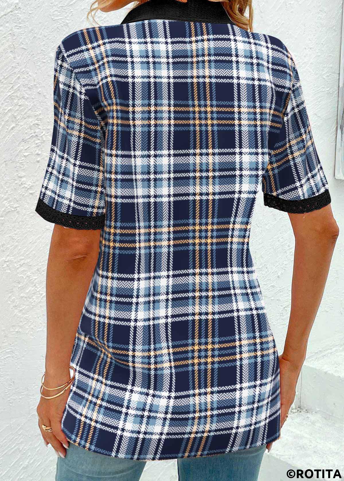 Blue tops,Plaid tops,Striped tops,Geometric tops,Ombre tops,ROTITA Eyelet Plaid Blue V Neck T Shirt