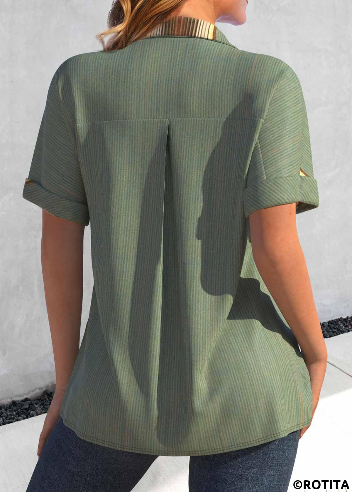 Green tops,Striped tops,ROTITA Button Striped Green Shirt Collar Short Sleeve Blouse