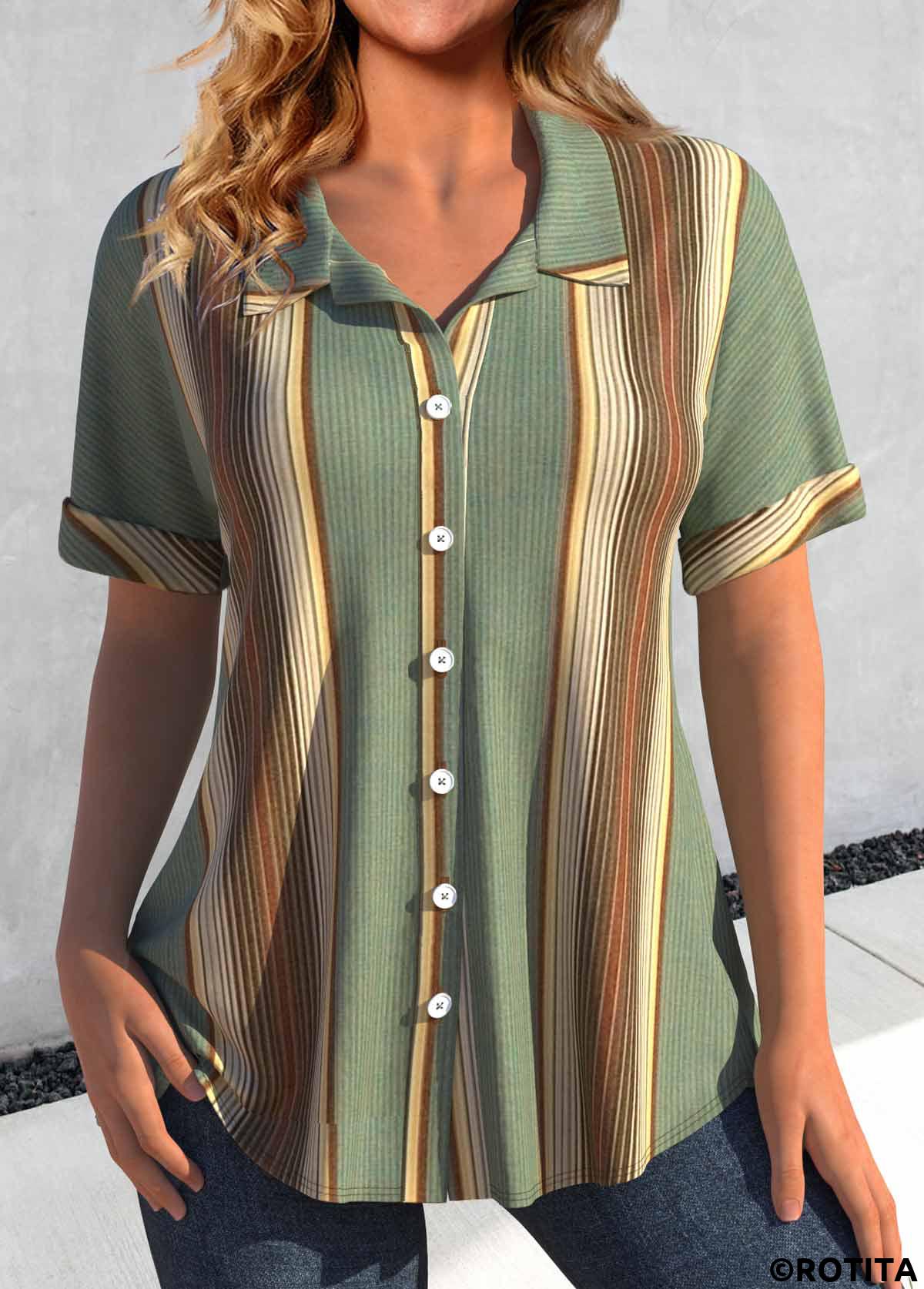 Green tops,Striped tops,ROTITA Button Striped Green Shirt Collar Short Sleeve Blouse