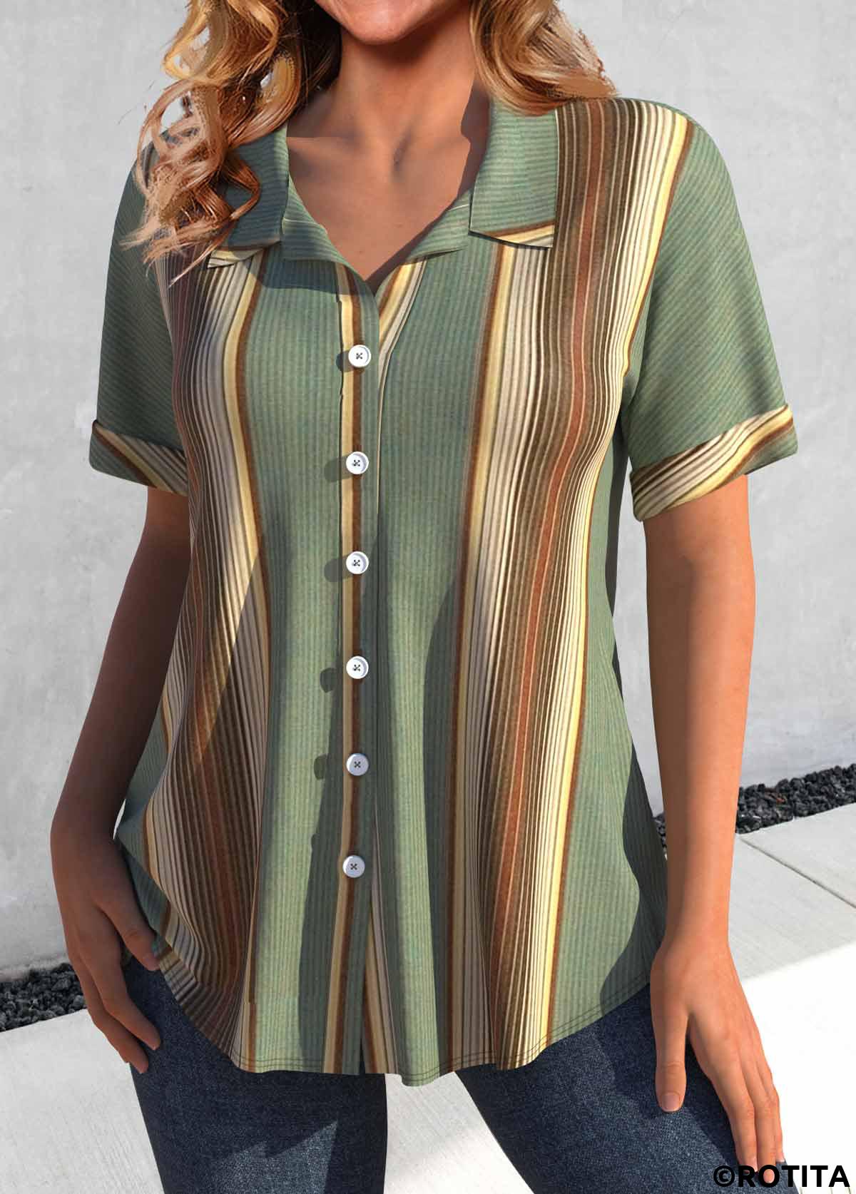 Green tops,Striped tops,ROTITA Button Striped Green Shirt Collar Short Sleeve Blouse