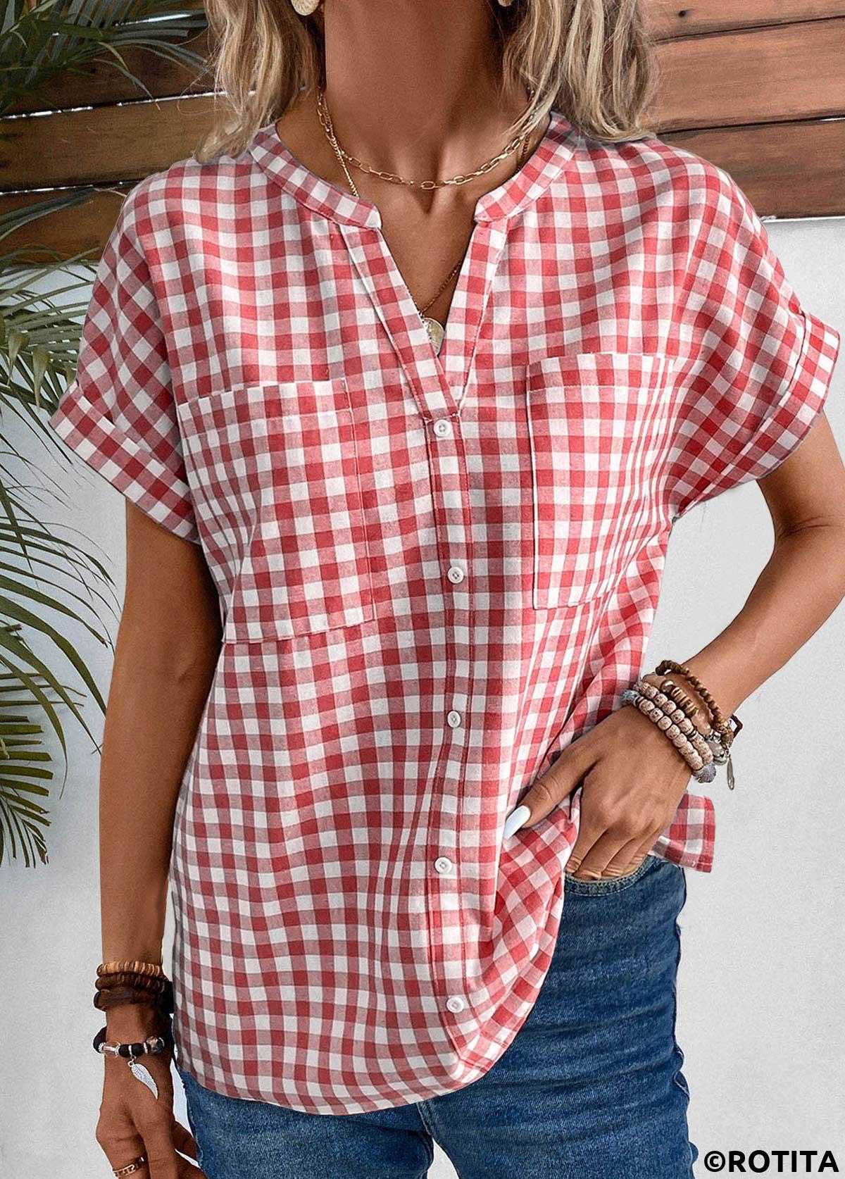 Red tops,White tops,Plaid tops,Geometric tops,Striped tops,ROTITA Pocket Plaid Red Split Neck Short Sleeve Blouse