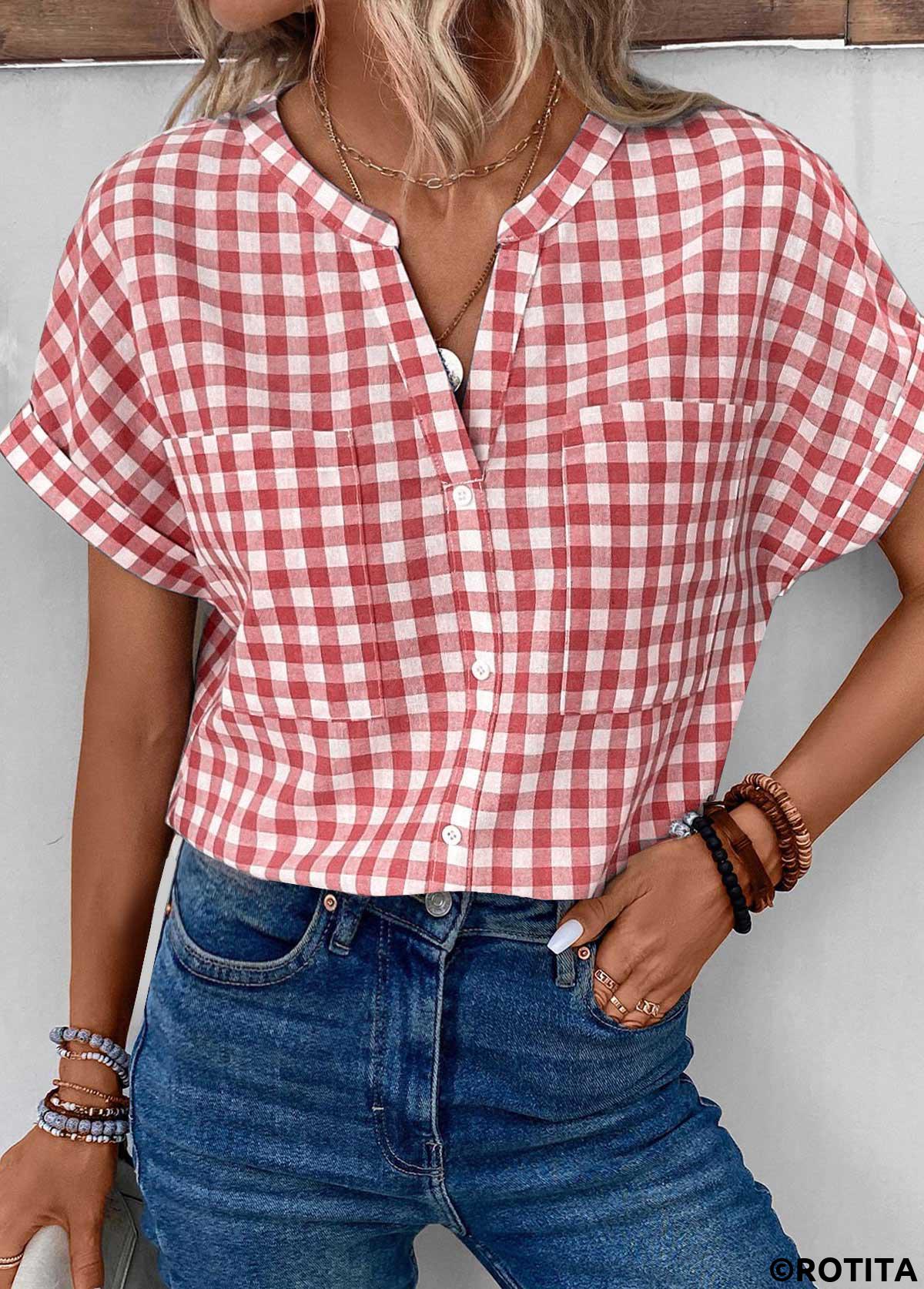 Red tops,White tops,Plaid tops,Geometric tops,Striped tops,ROTITA Pocket Plaid Red Split Neck Short Sleeve Blouse