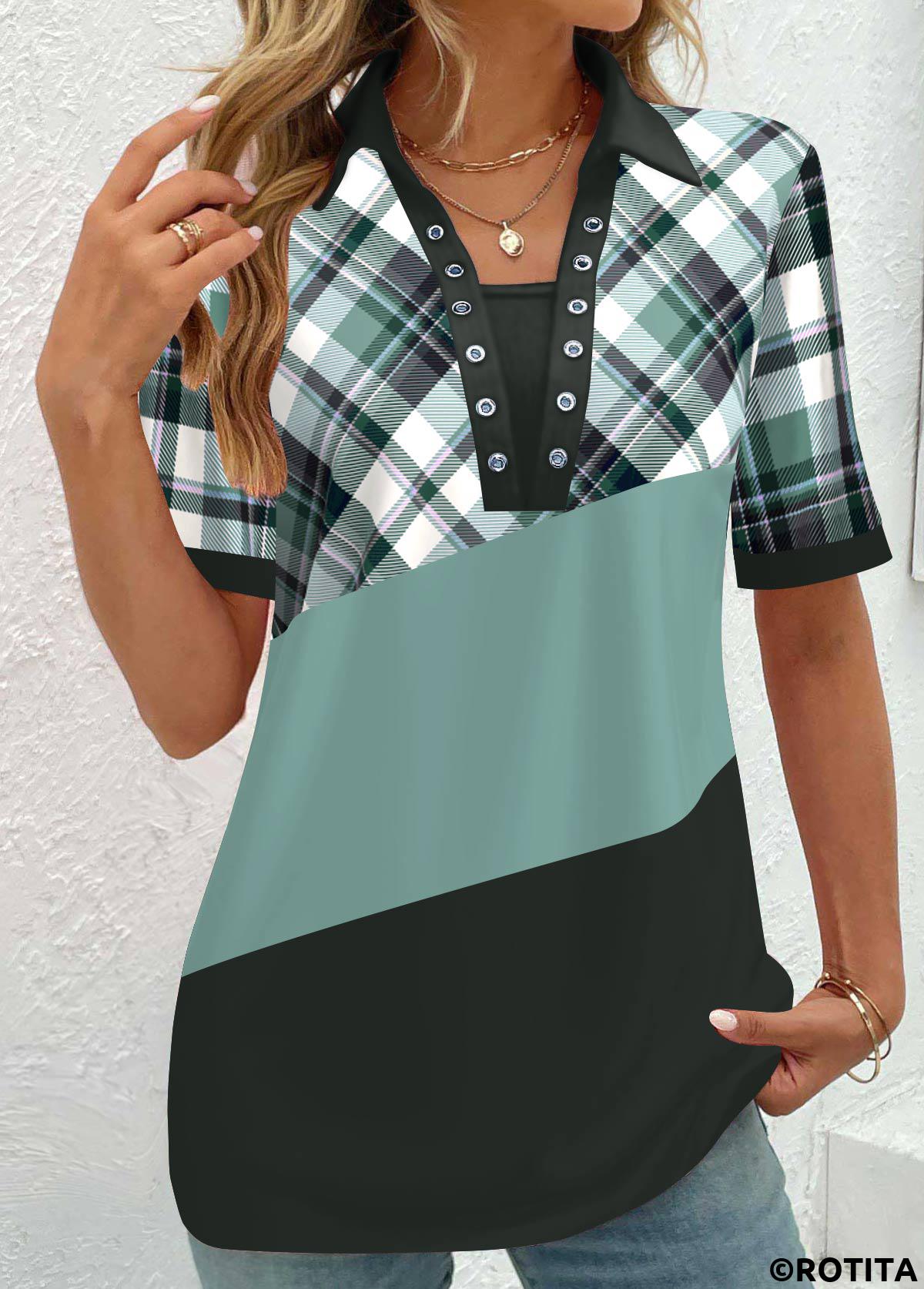 Sage Green tops,Plaid tops,Geometric tops,Striped tops,ROTITA Eyelet Plaid Sage Green Stand Collar Short Sleeve Blouse
