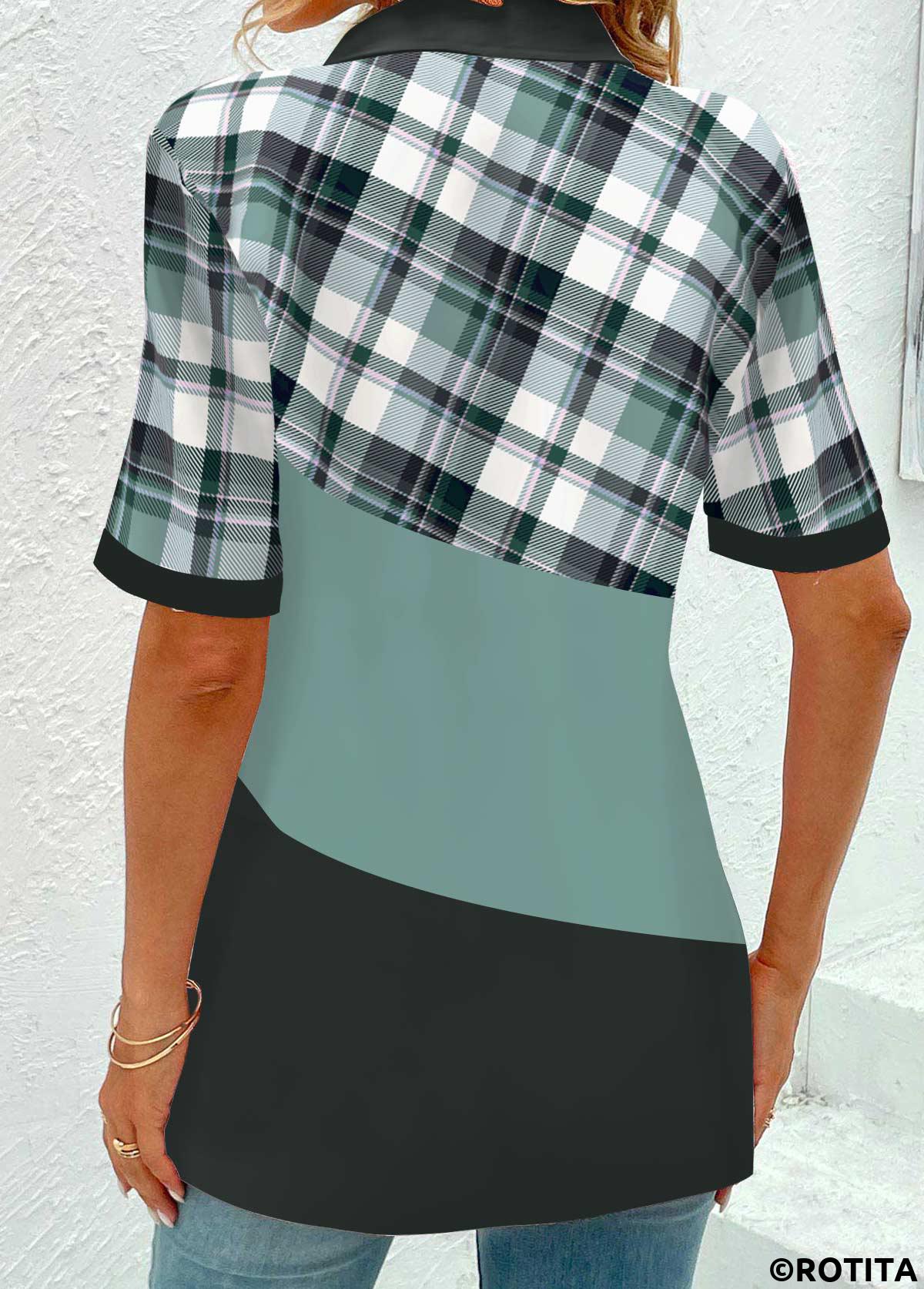 Sage Green tops,Plaid tops,Geometric tops,Striped tops,ROTITA Eyelet Plaid Sage Green Stand Collar Short Sleeve Blouse