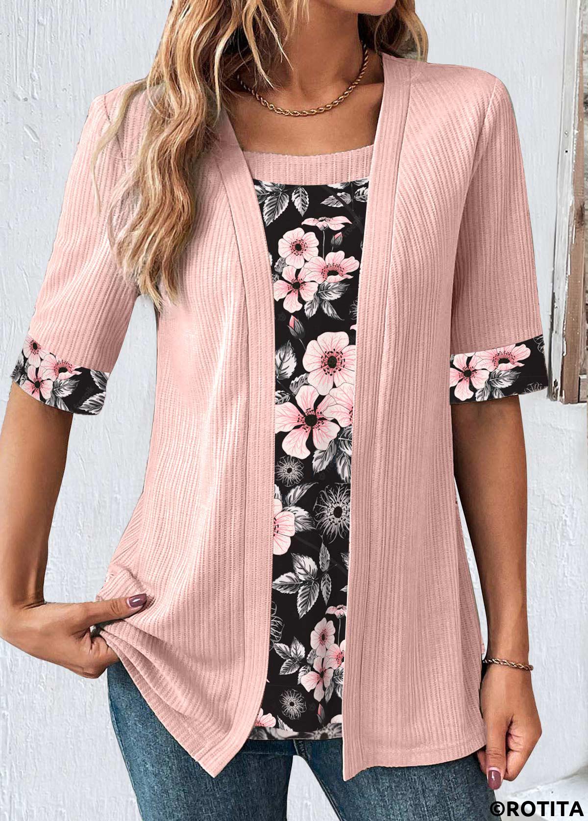 Light Pink tops,Floral tops,ROTITA Patchwork Floral Print Light Pink Fake Two Piece Twinset