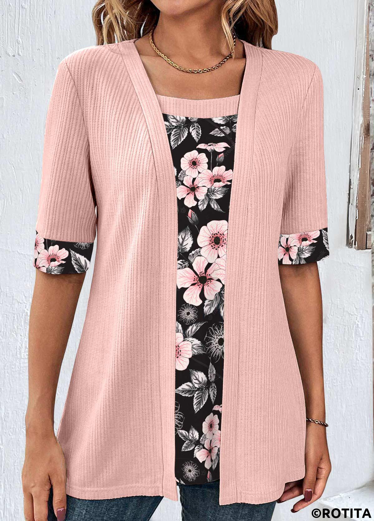 Light Pink tops,Floral tops,ROTITA Patchwork Floral Print Light Pink Fake Two Piece Twinset