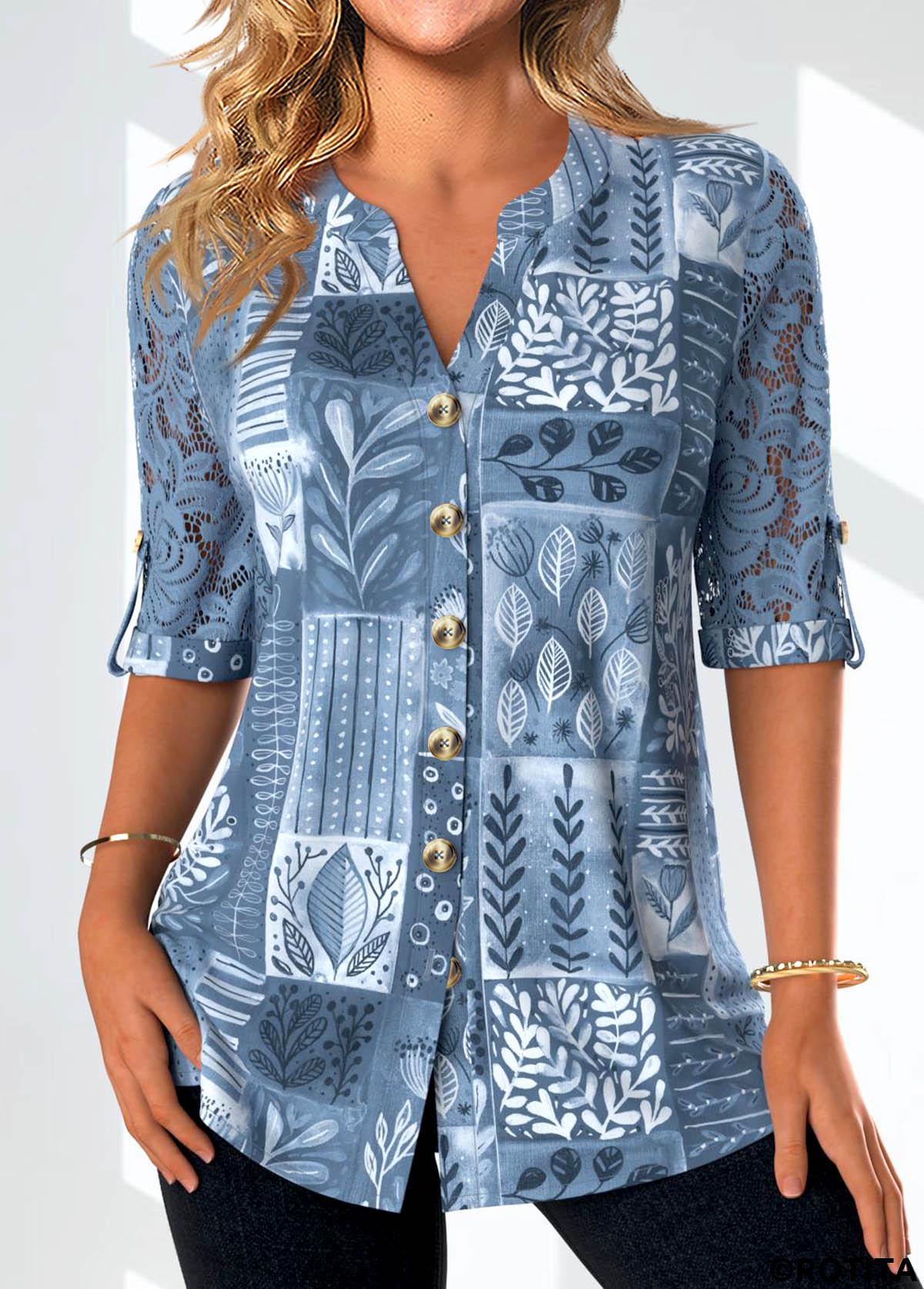 Denim Blue tops,Plants tops,ROTITA Lace Leaf Print Denim Blue Split Neck Blouse