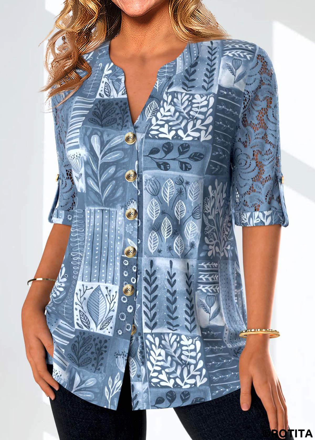 Denim Blue tops,Plants tops,ROTITA Lace Leaf Print Denim Blue Split Neck Blouse