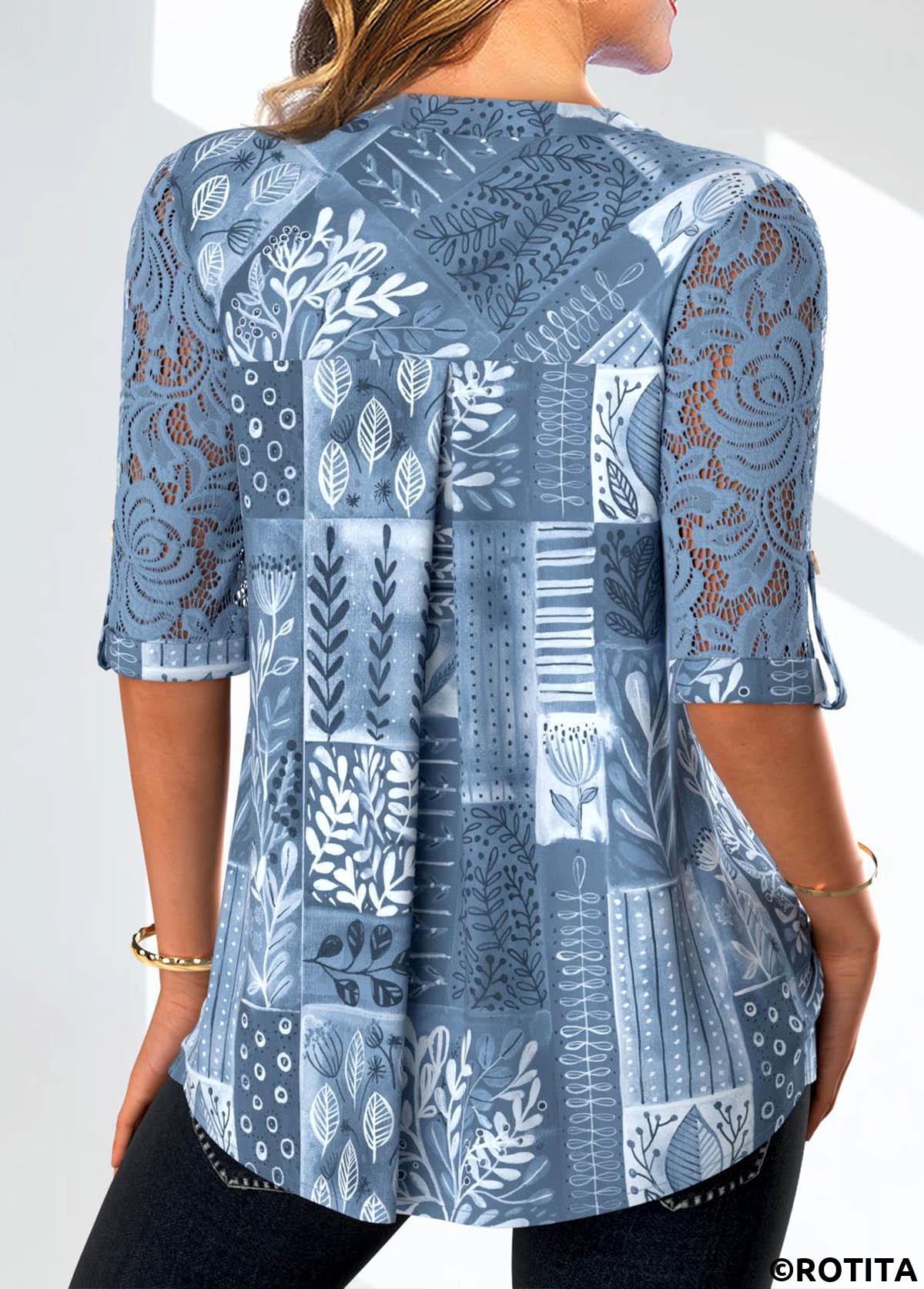 Denim Blue tops,Plants tops,ROTITA Lace Leaf Print Denim Blue Split Neck Blouse