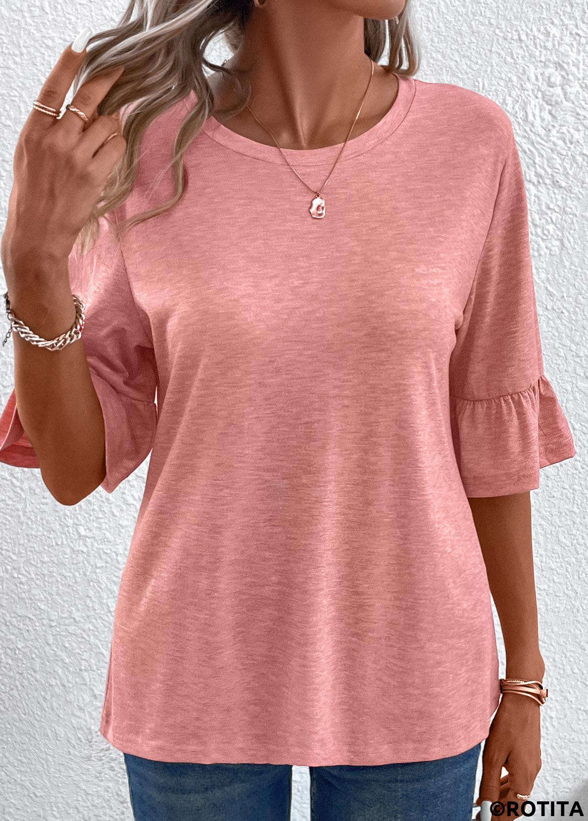 ROTITA Button Pink Round Neck T Shirt