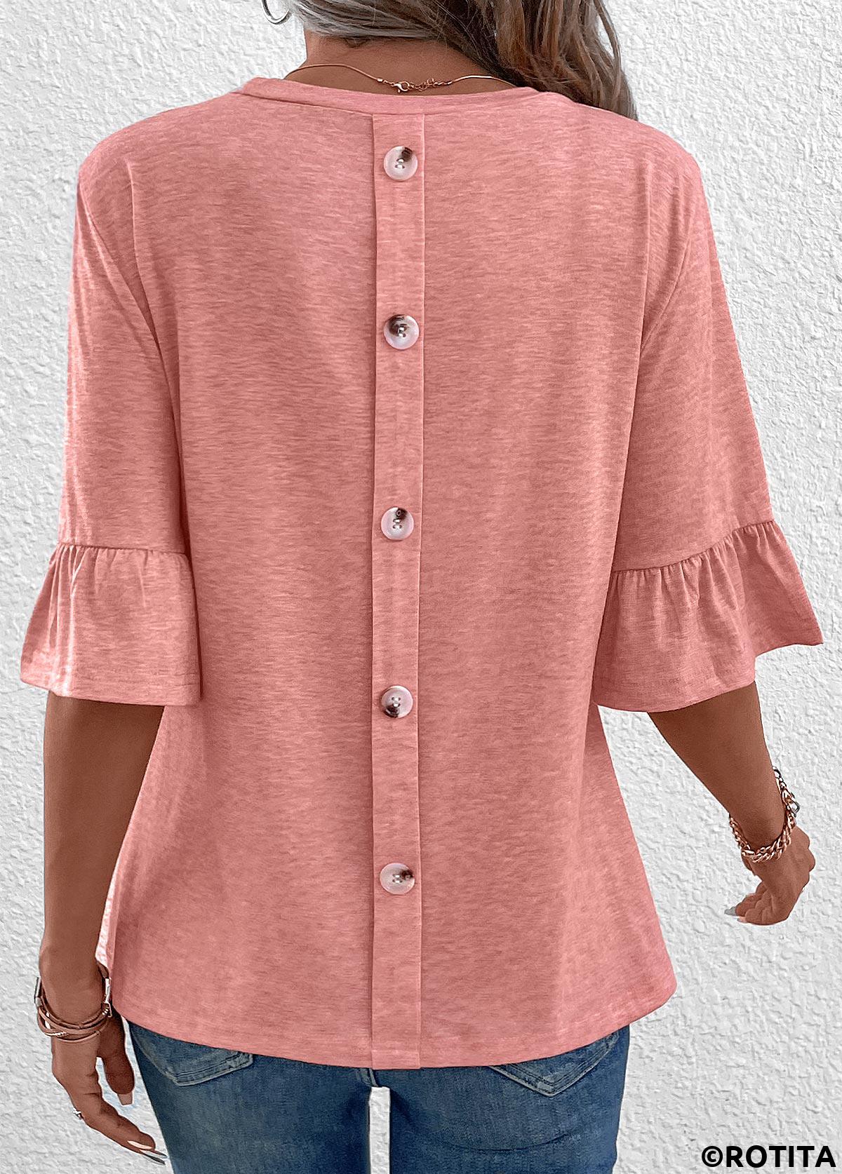ROTITA Button Pink Round Neck T Shirt