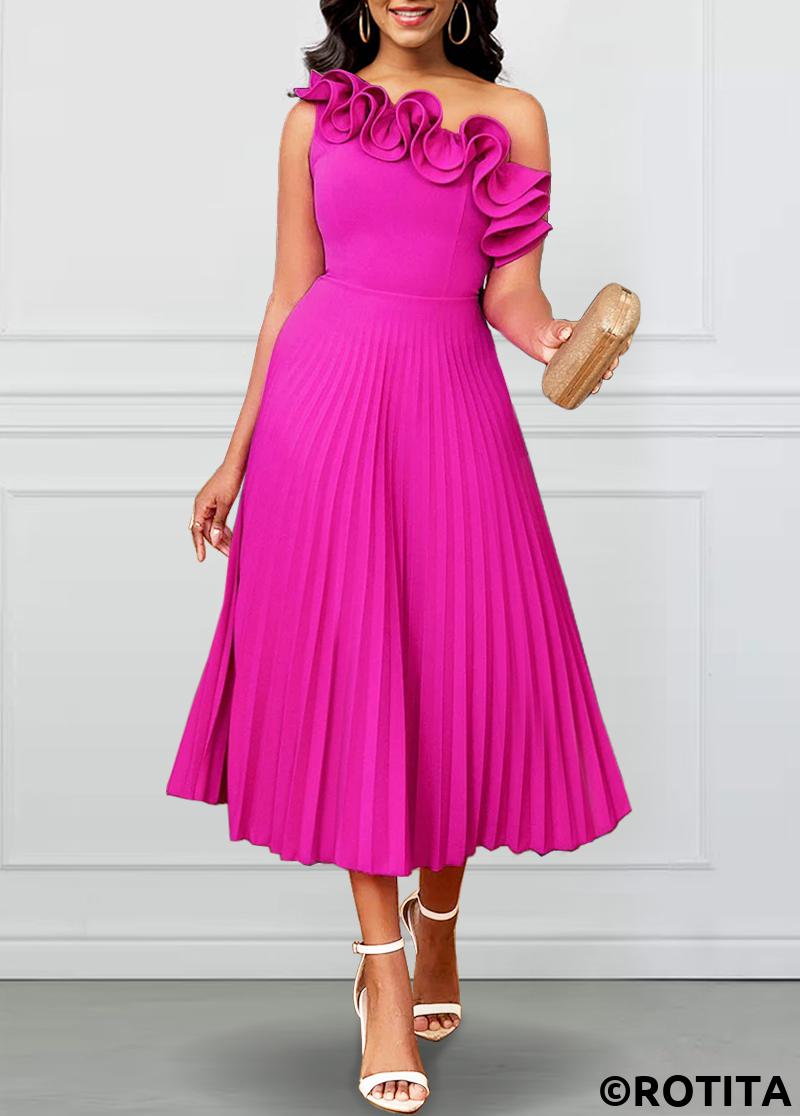Hot Pink dresses,Plain Color dresses,Party dresses,Elegant dresses,ROTITA New Year Pleated Hot Pink One Shoulder Sleeveless Dress