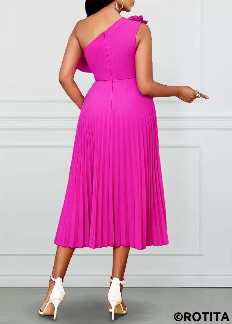 Hot Pink dresses,Plain Color dresses,Party dresses,Elegant dresses,ROTITA New Year Pleated Hot Pink One Shoulder Sleeveless Dress