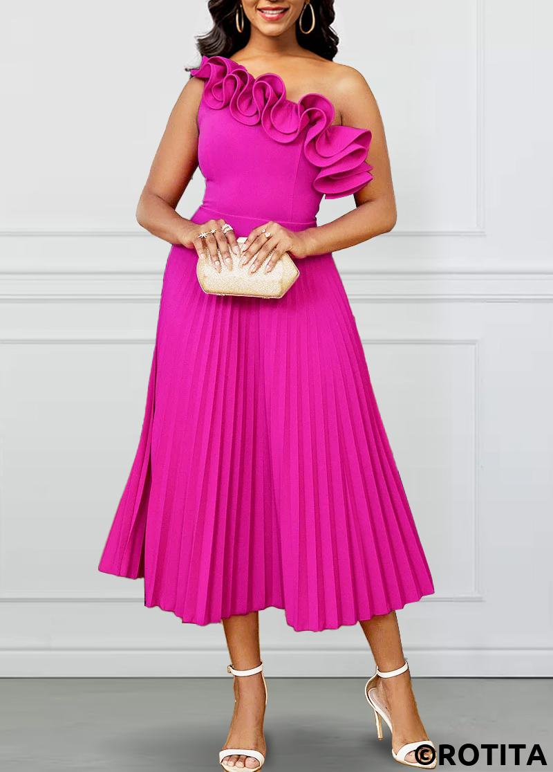 Hot Pink dresses,Plain Color dresses,Party dresses,Elegant dresses,ROTITA New Year Pleated Hot Pink One Shoulder Sleeveless Dress