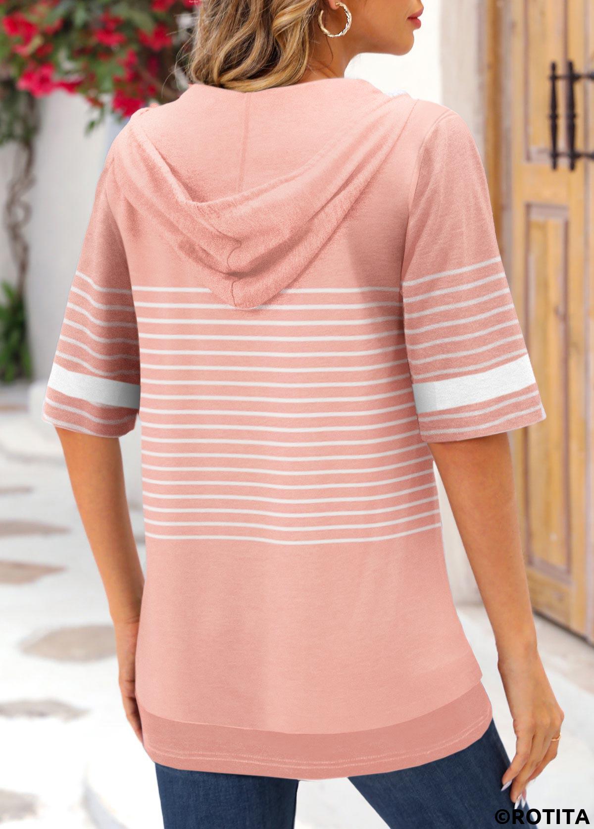 Dusty Pink tops,Striped tops,ROTITA Pocket Striped Dusty Pink Half Sleeve Hoodie