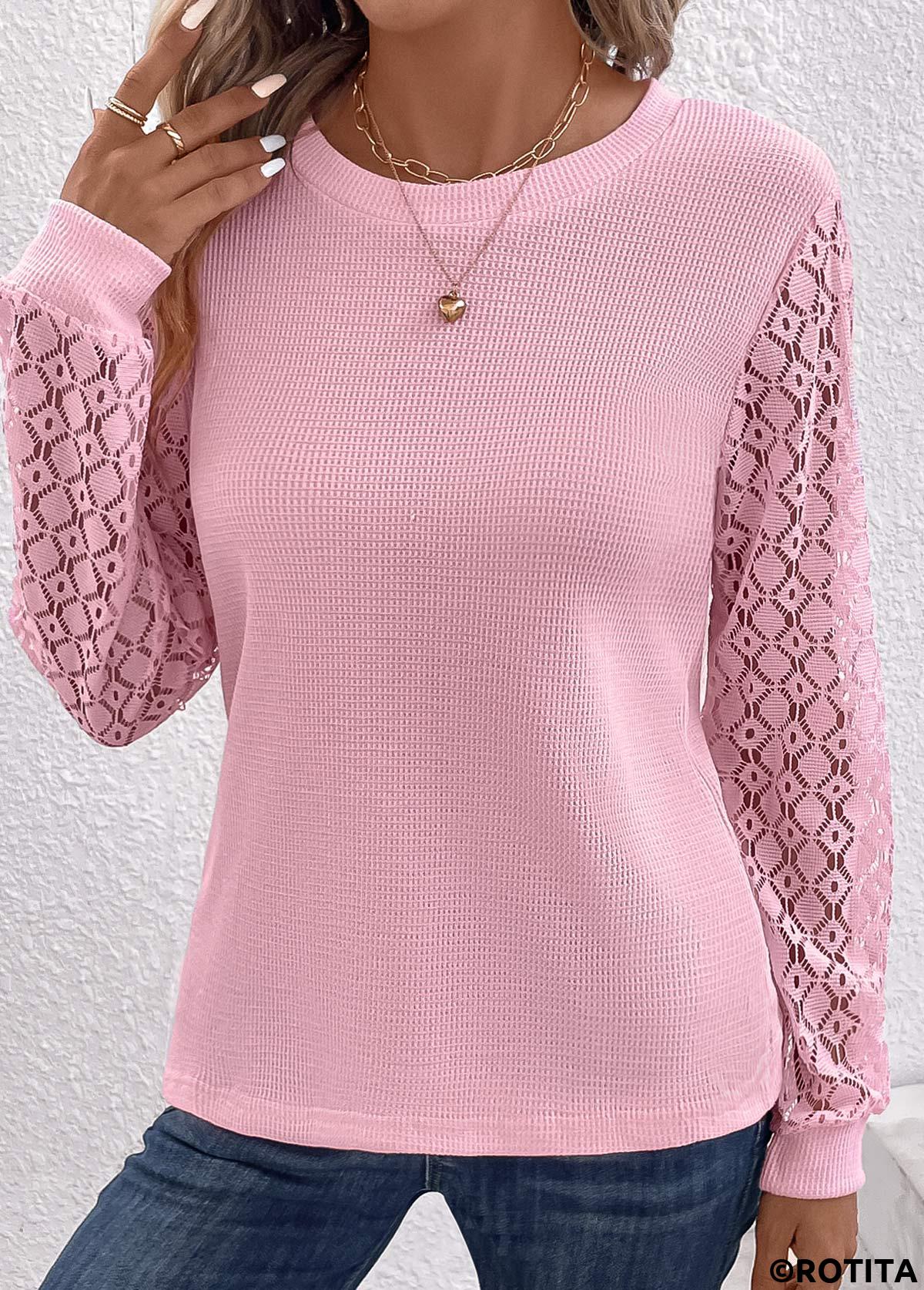 Lace Pink Round Neck Long Sleeve T Shirt
