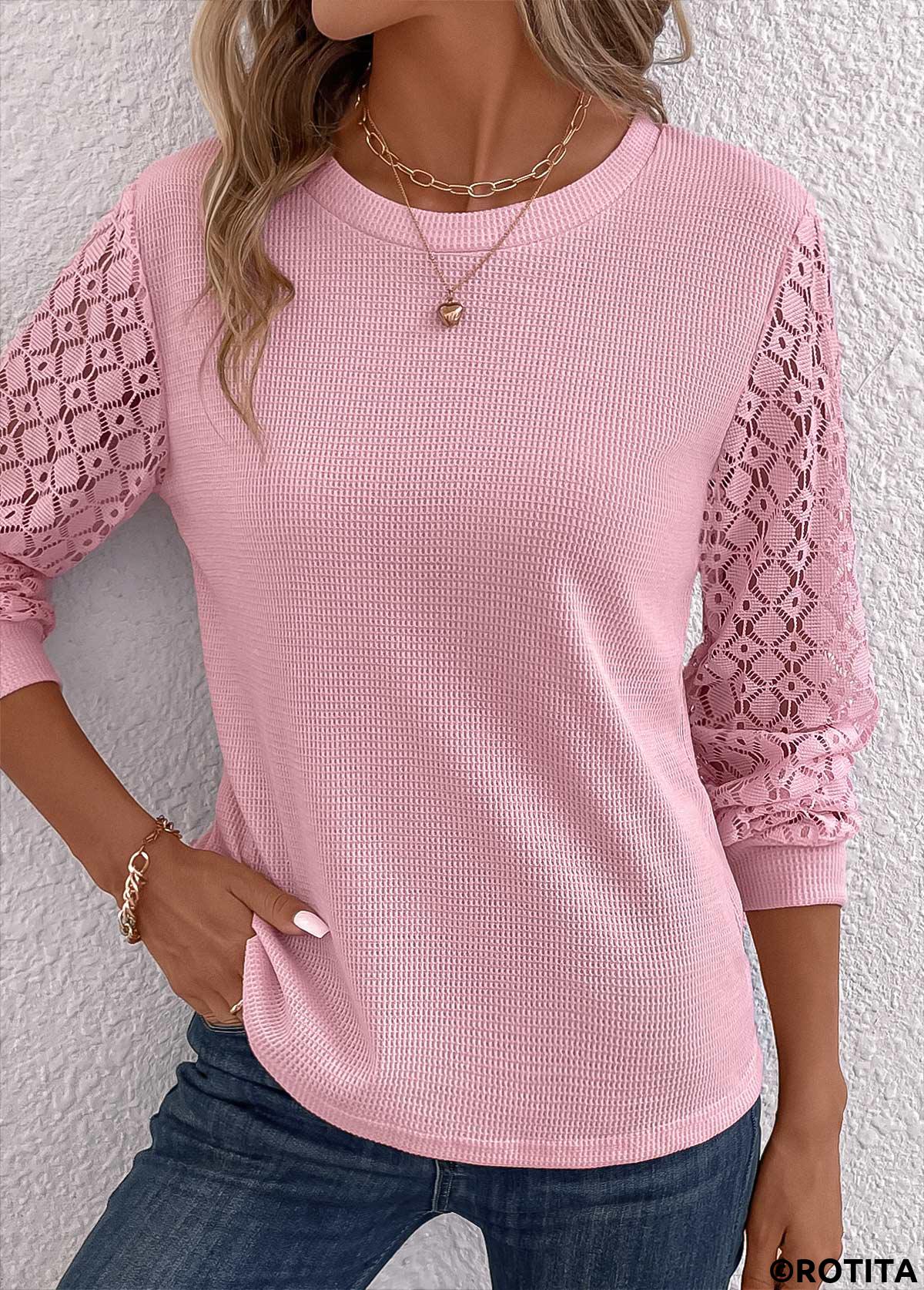 Lace Pink Round Neck Long Sleeve T Shirt