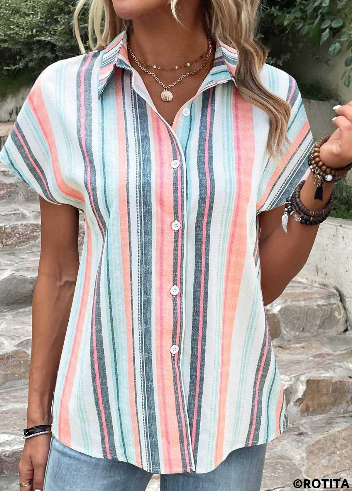Multi Color tops,Rainbow Color tops,Striped tops,Geometric tops,ROTITA Button Striped Multi Color Shirt Collar Blouse