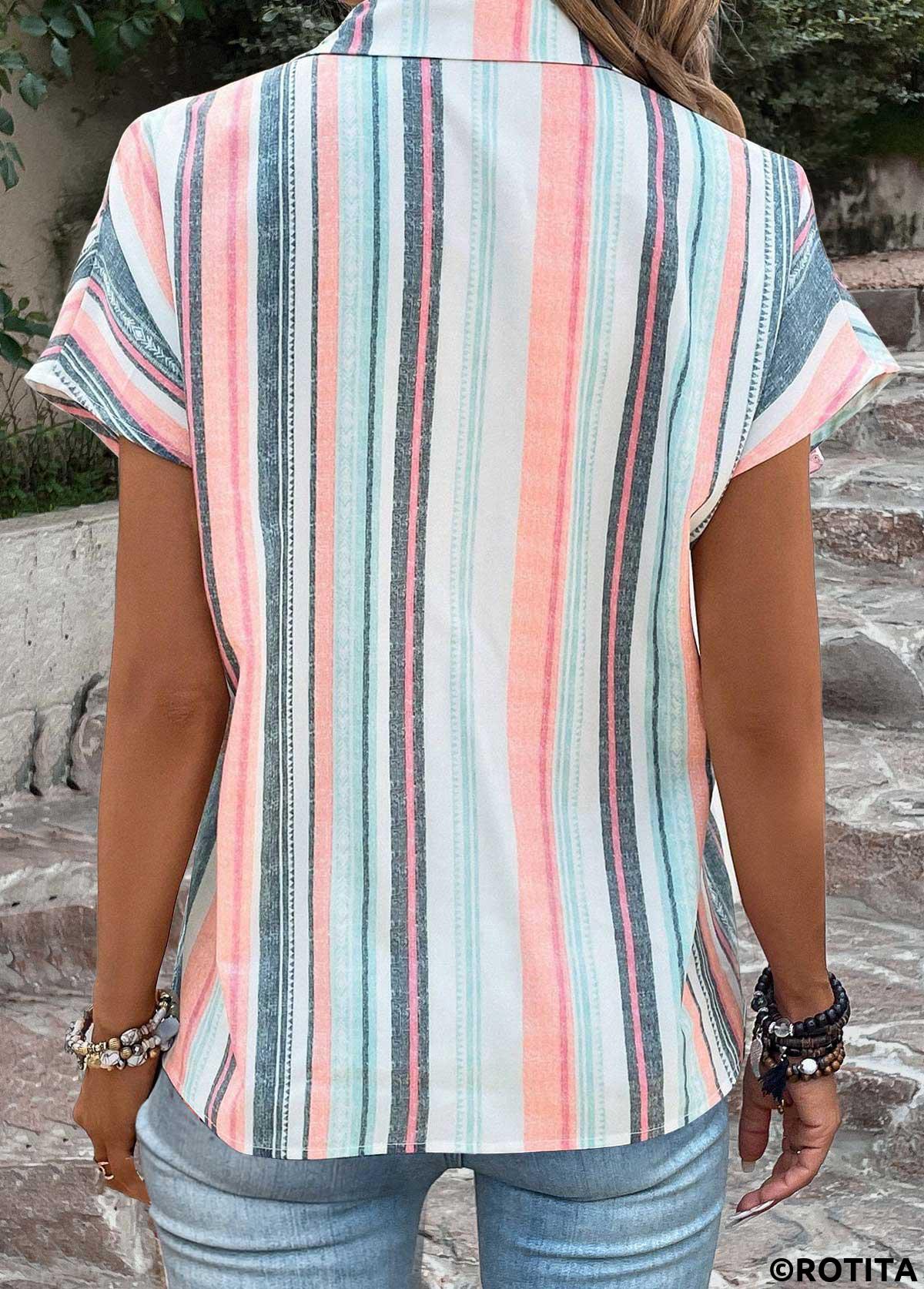 Multi Color tops,Rainbow Color tops,Striped tops,Geometric tops,ROTITA Button Striped Multi Color Shirt Collar Blouse