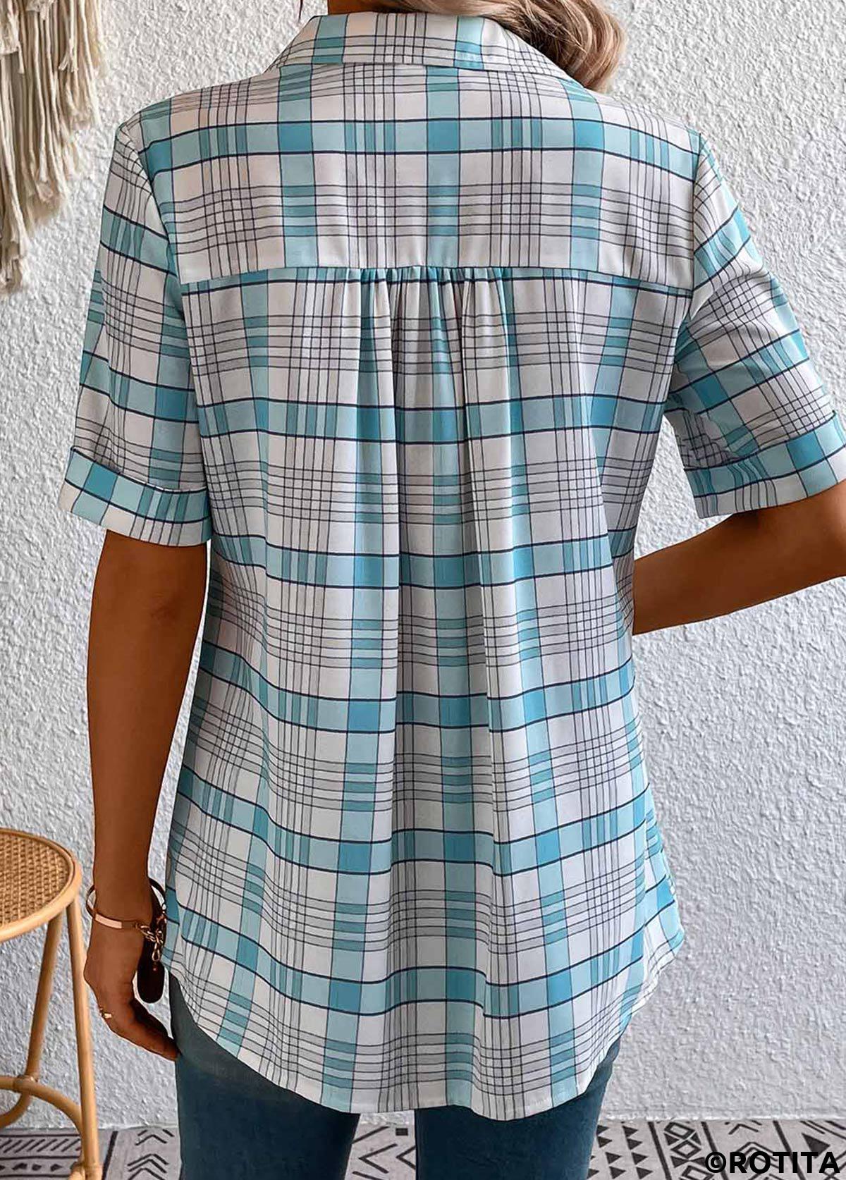 Light Blue plus size,White plus size,Plaid plus size,Geometric plus size,Striped plus size,ROTITA Plus Size Button Light Blue Plaid Blouse