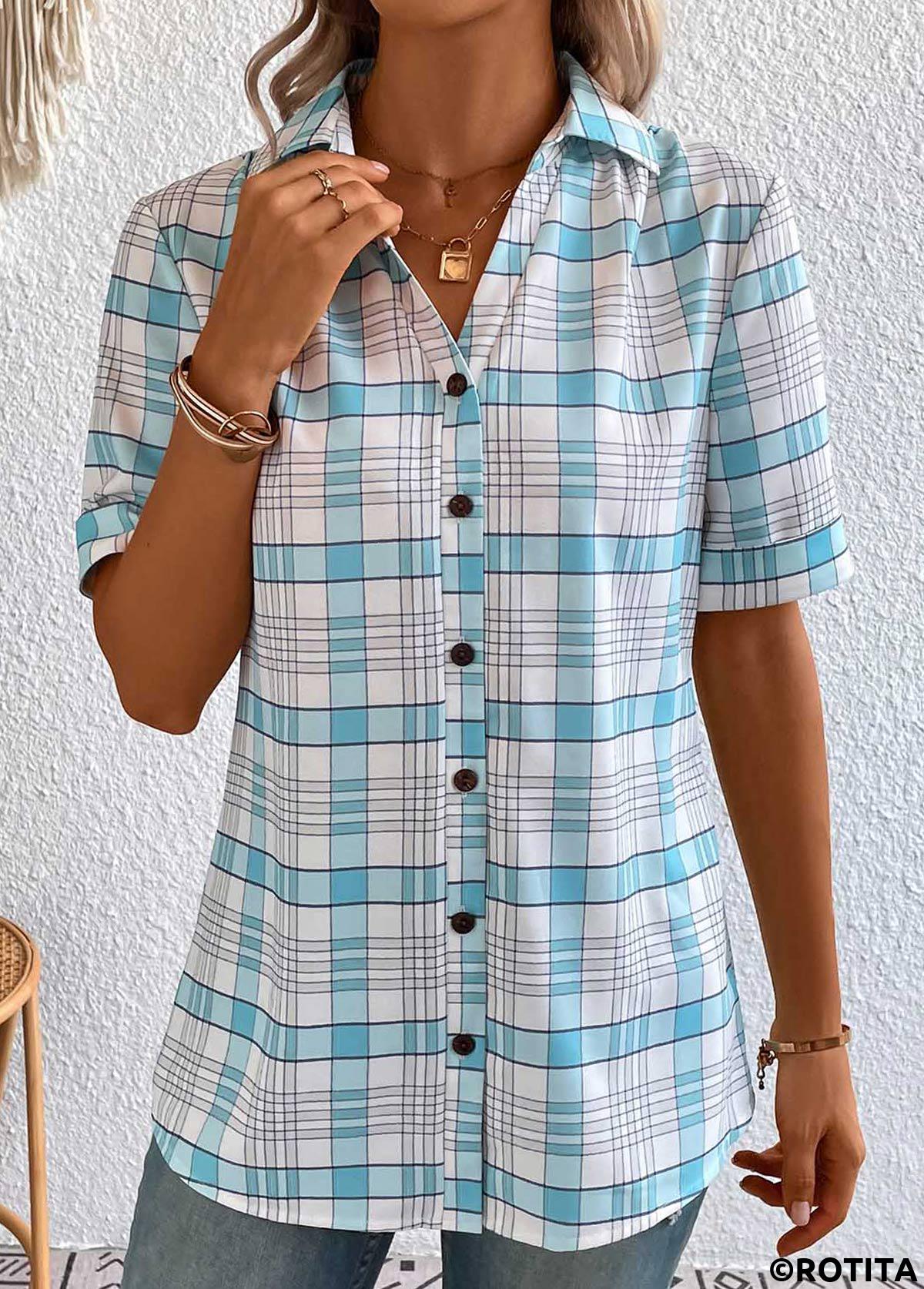 Light Blue plus size,White plus size,Plaid plus size,Geometric plus size,Striped plus size,ROTITA Plus Size Button Light Blue Plaid Blouse