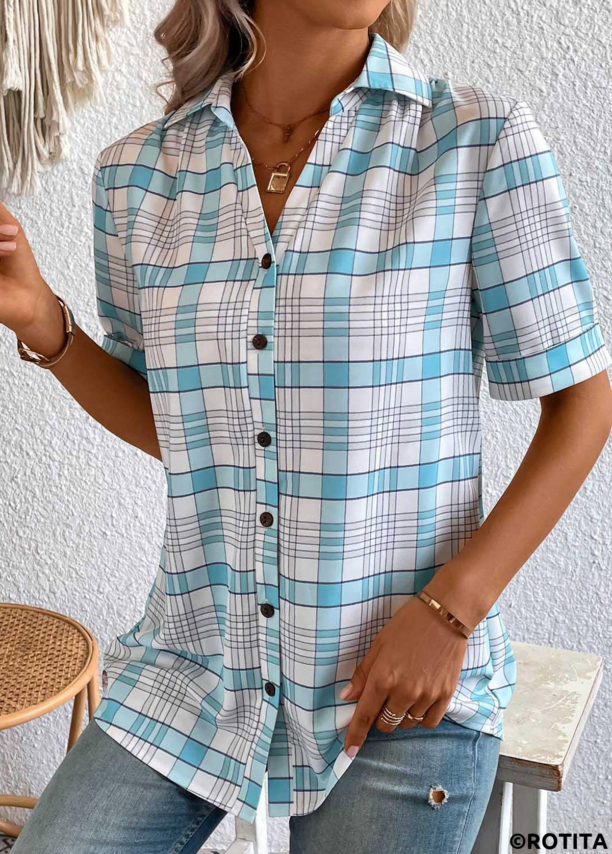Light Blue plus size,White plus size,Plaid plus size,Geometric plus size,Striped plus size,ROTITA Plus Size Button Light Blue Plaid Blouse