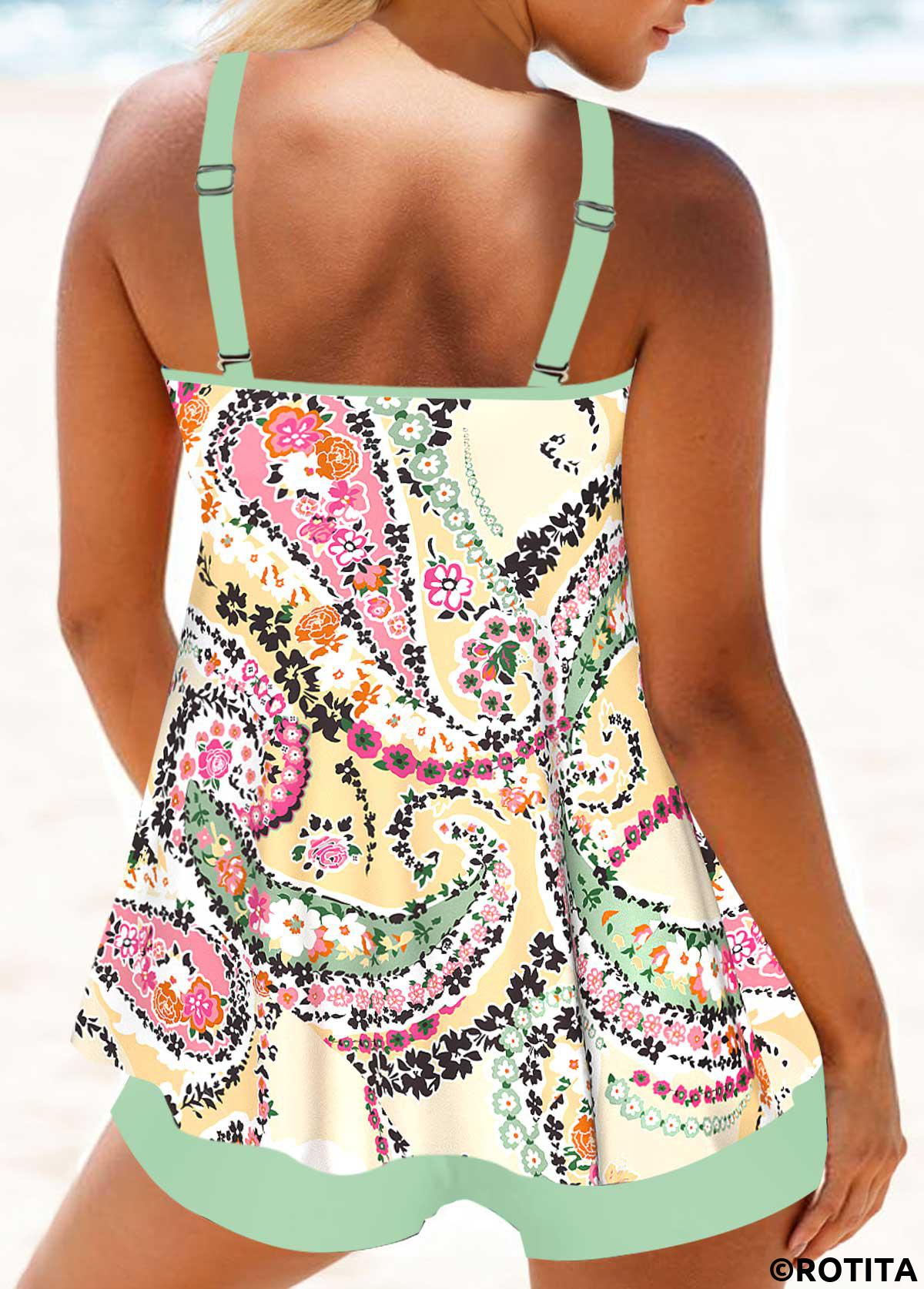 Multi Color swimwear,Paisley swimwear,ROTITA Patchwork Multi Color Paisley Print Tankini Set