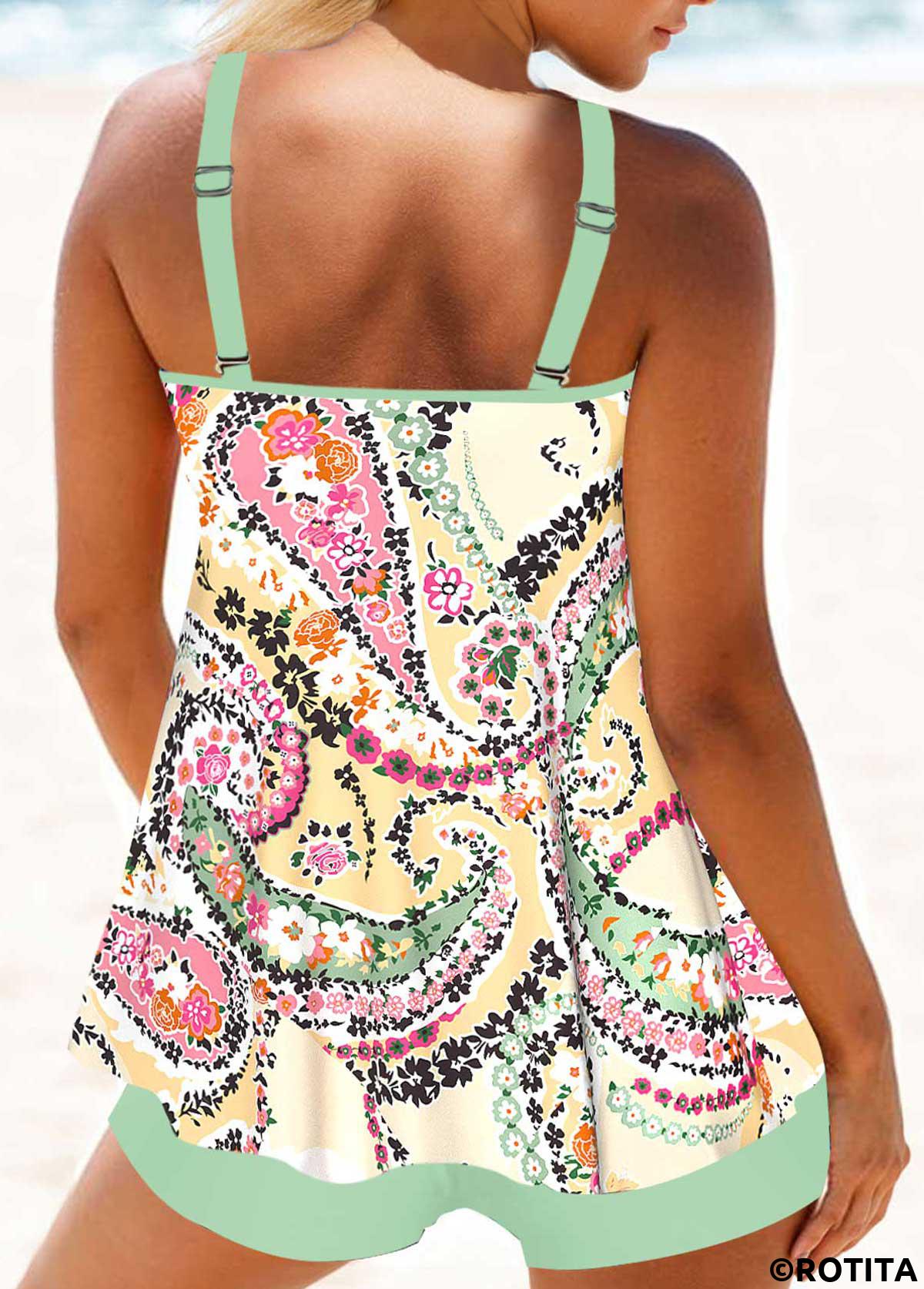 Multi Color swimwear,Paisley swimwear,ROTITA Patchwork Multi Color Paisley Print Tankini Set